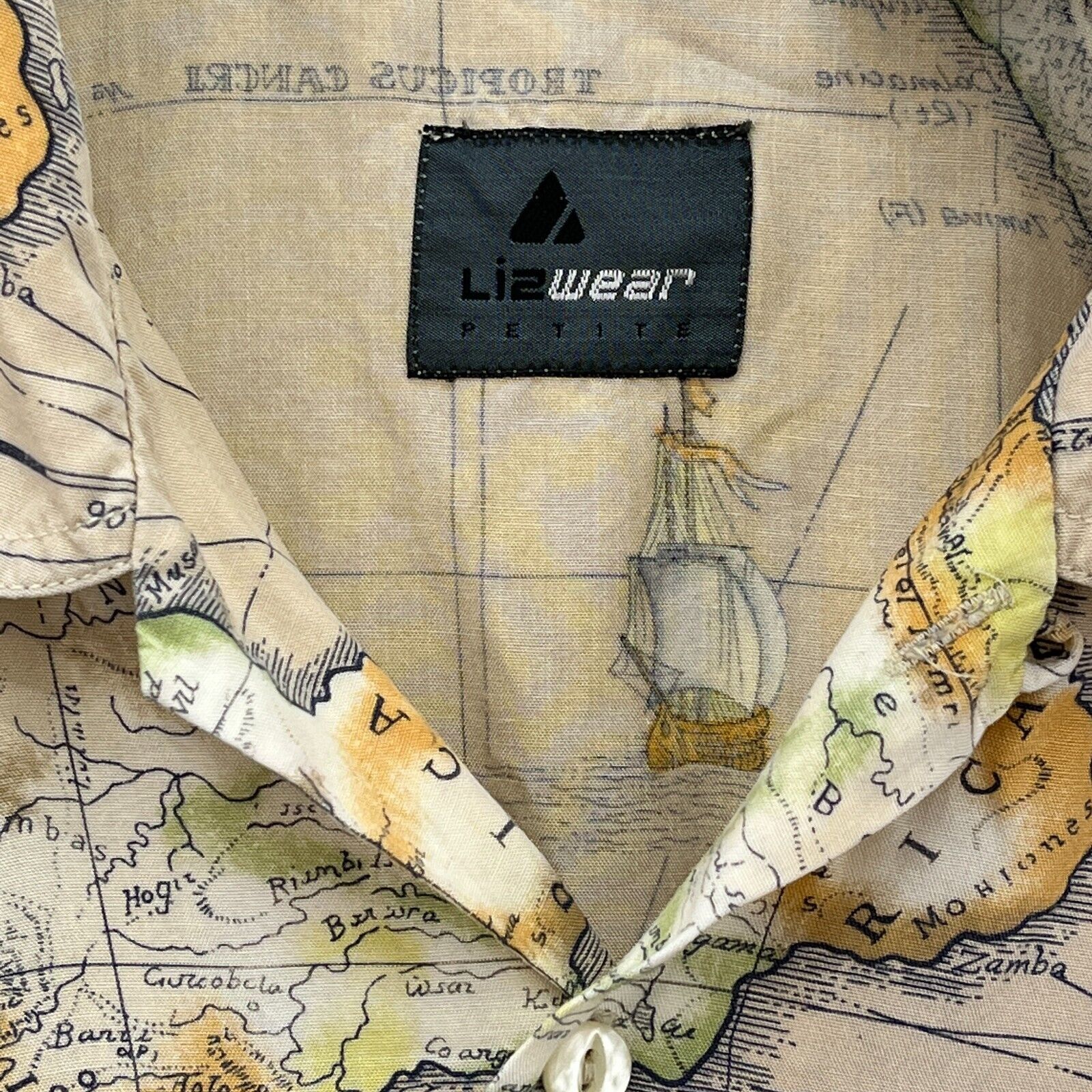 Vintage Button Up Map All Over Print Beige Shirt Size S
