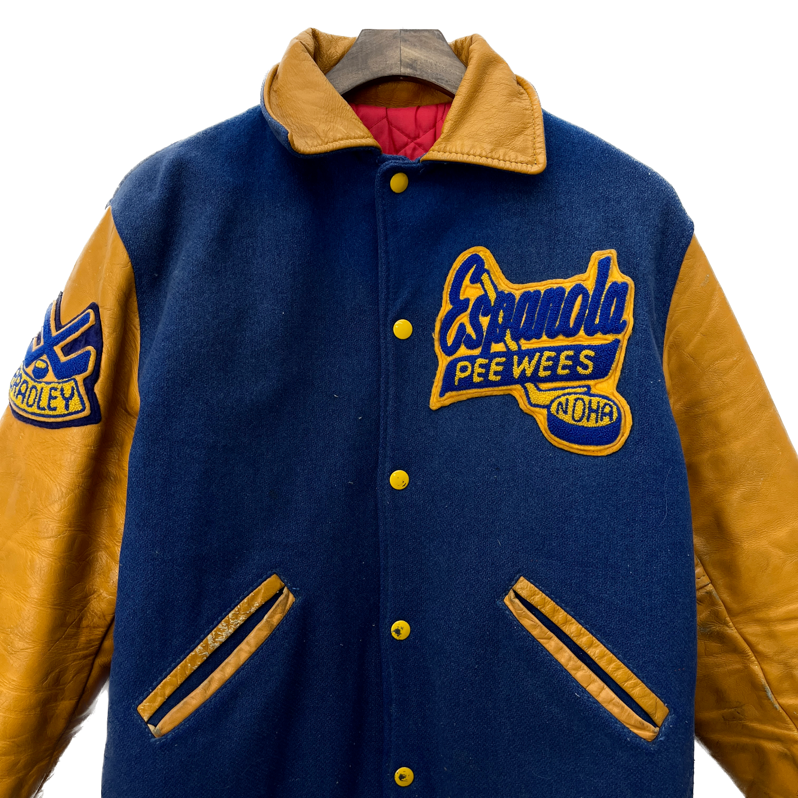 Espanola Vintage Hockey Leather Varsity Jacket Size 36 Youth Blue Brown 80s