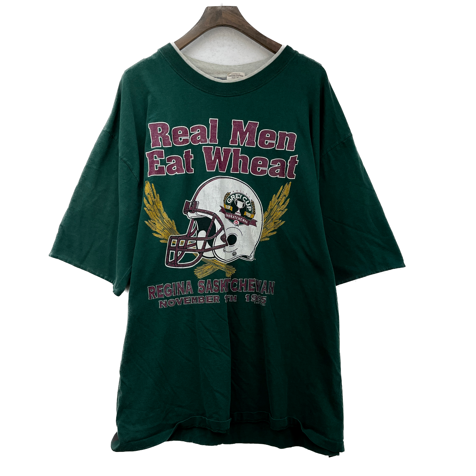 Grey Cup Regina Saskatchewan CFL 1995 Real Men Eat Wheat Green T-shirt Size XL