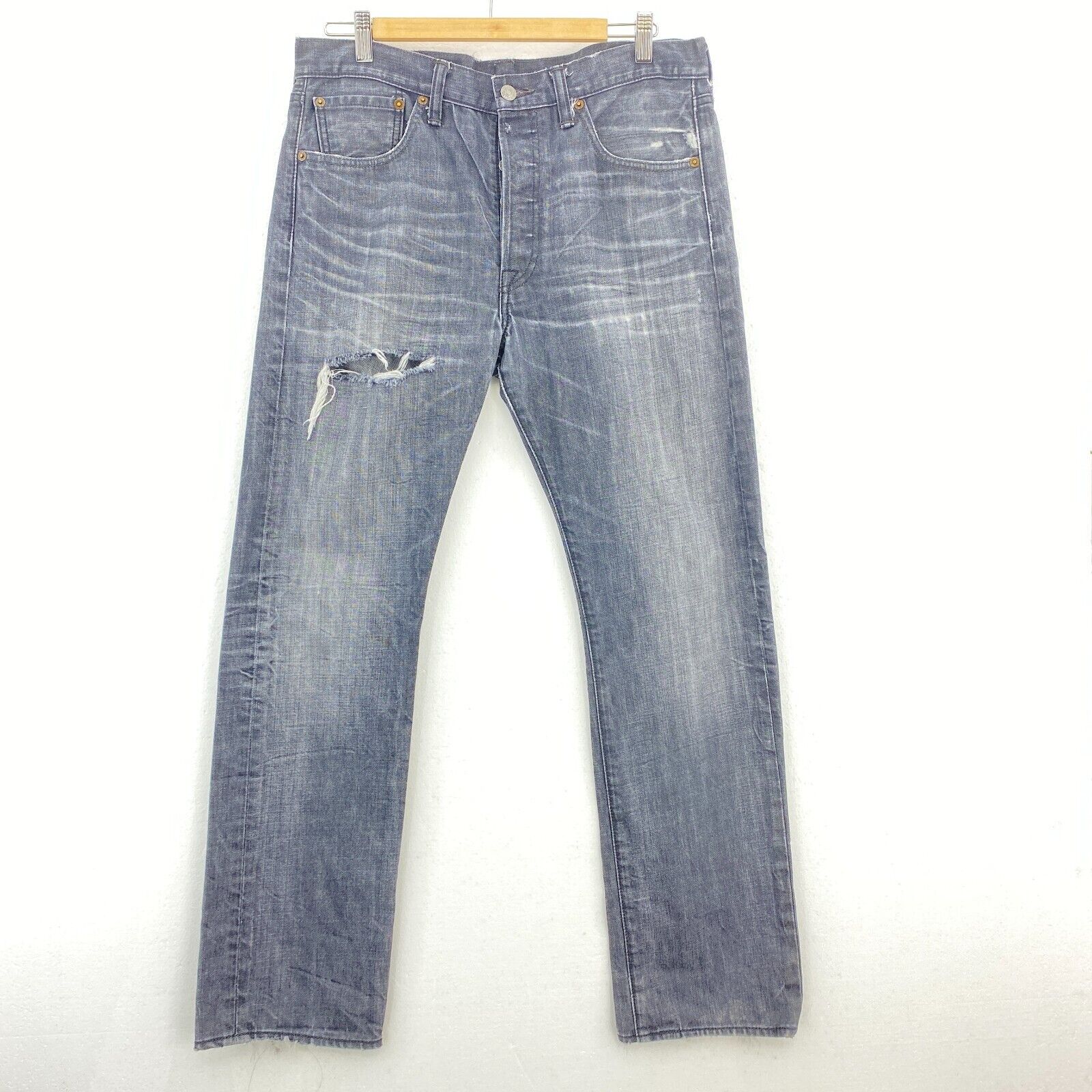 Levi Strauss 501 Black Straight Ripped Jeans Size 32 x 30