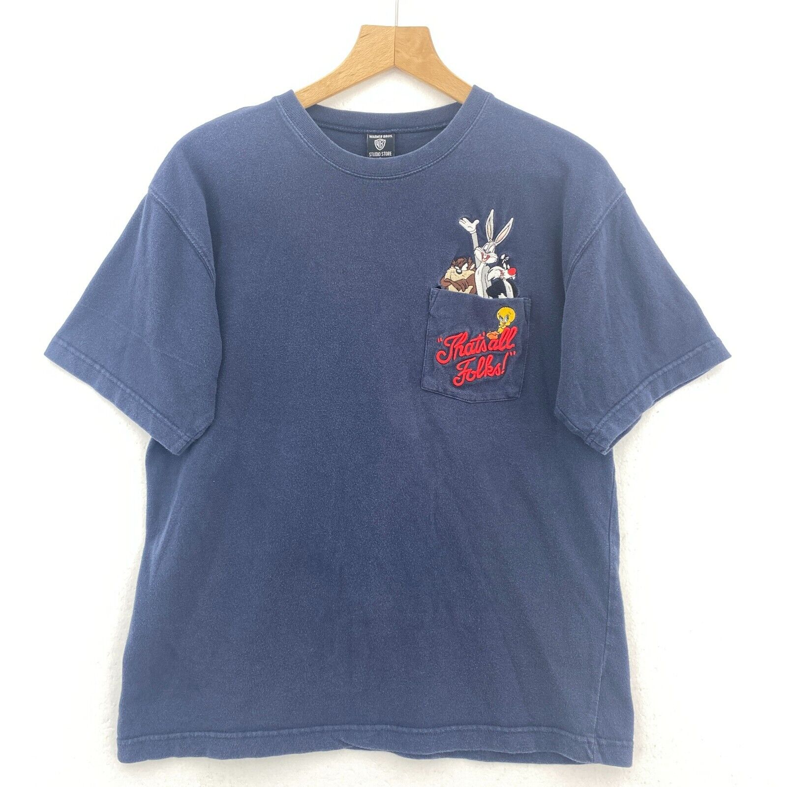 Looney Tunes Bugs Bunny Tweety Bird Cartoon Blue Vintage Pocket T-Shirt Size S