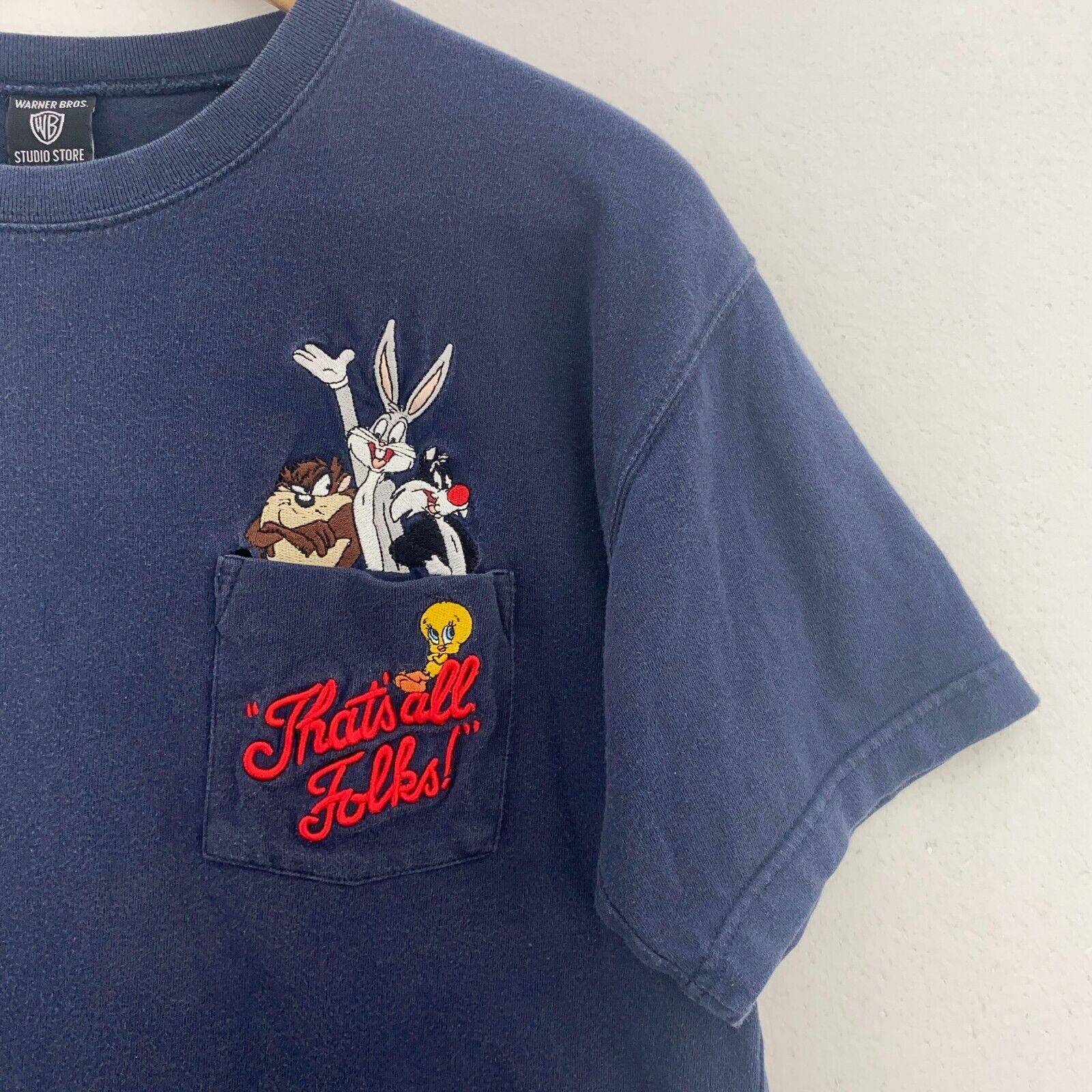 Looney Tunes Bugs Bunny Tweety Bird Cartoon Blue Vintage Pocket T-Shirt Size S