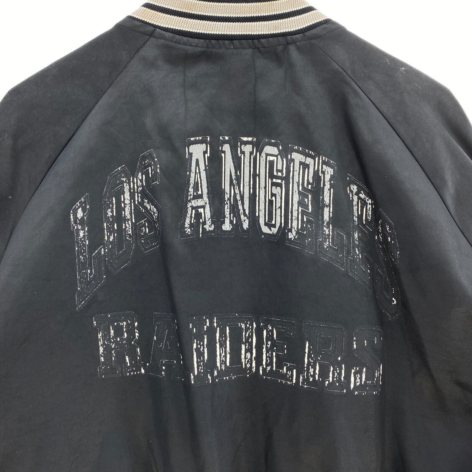 Los Angeles Raiders Vintage Chalk Line Satin Bomber Snap Jacket Size L Black NFL