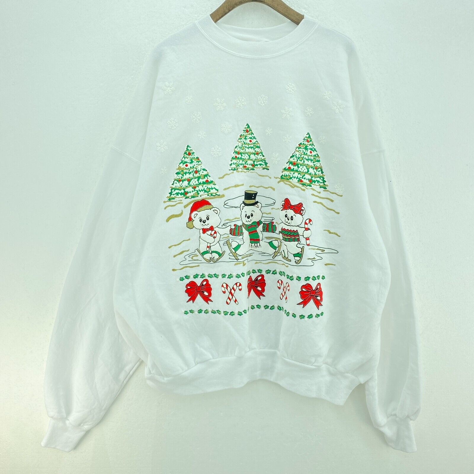 Snowflakes Bears Winter Merry Christmas Vintage White Sweatshirt Size XXXL