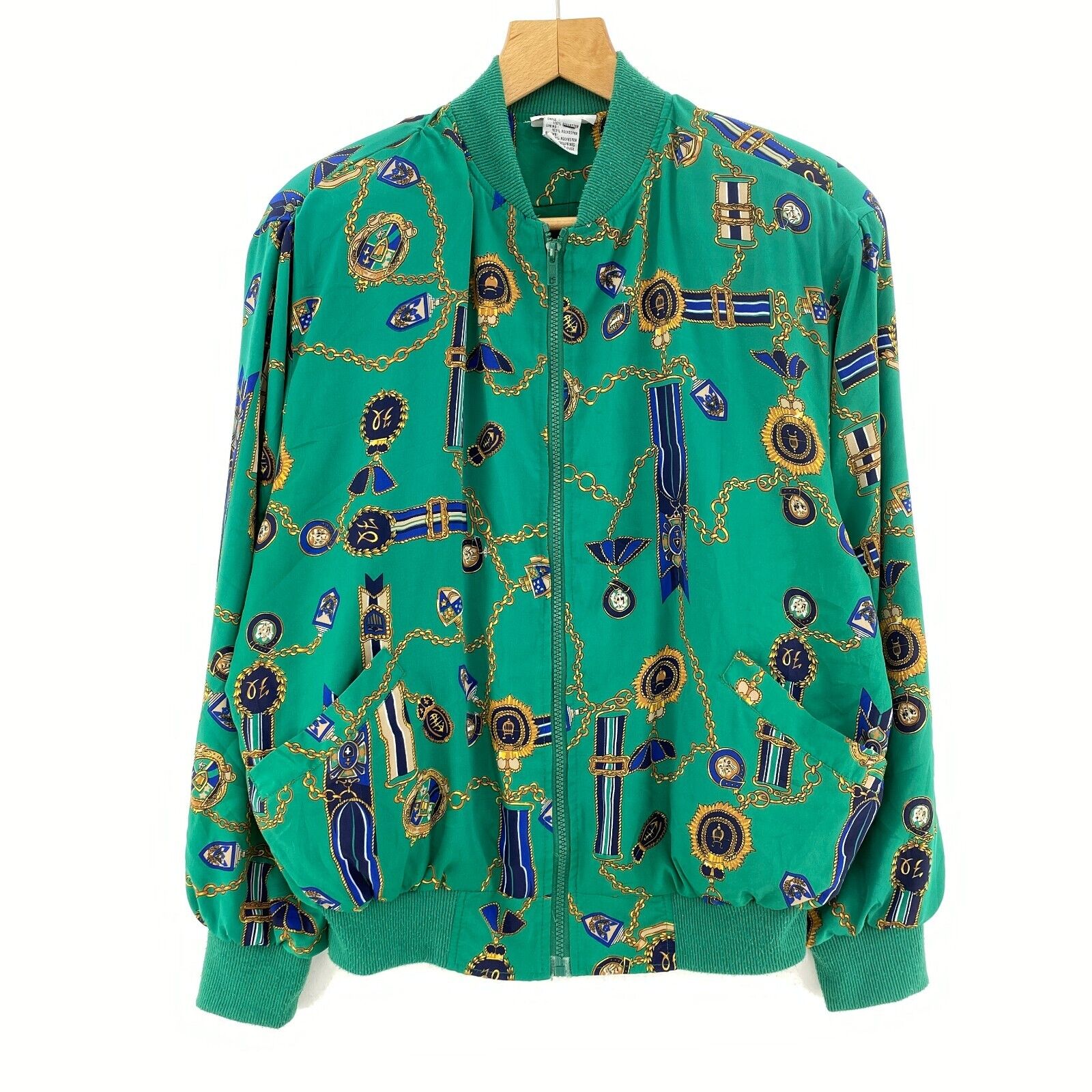 Alfred Dunner Women's Green Abstract Pattern Vintage Bomber Jacket Size 8