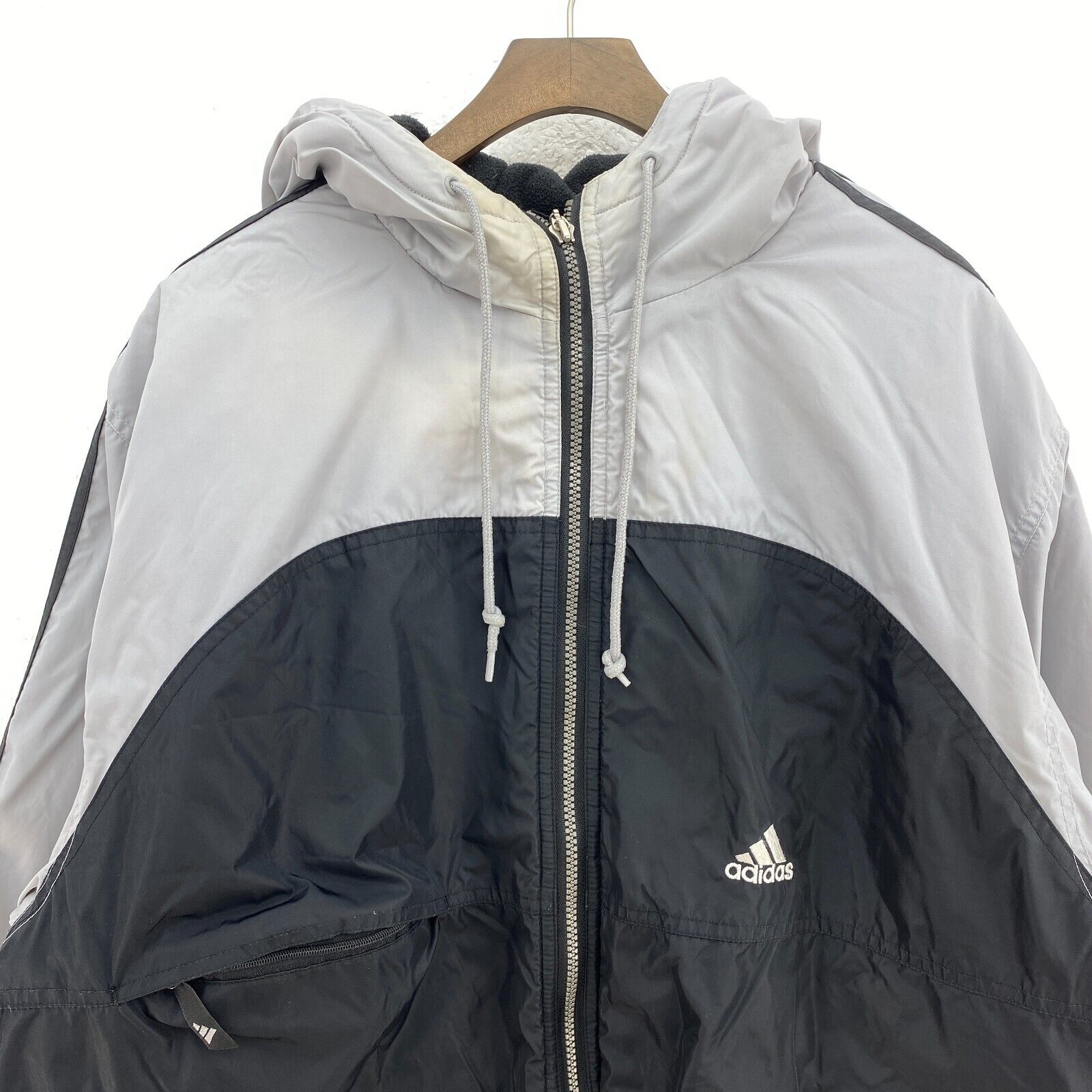 Adidas Hooded Jacket Fleece Lined Size M Two Tone Black Full Zip Up
