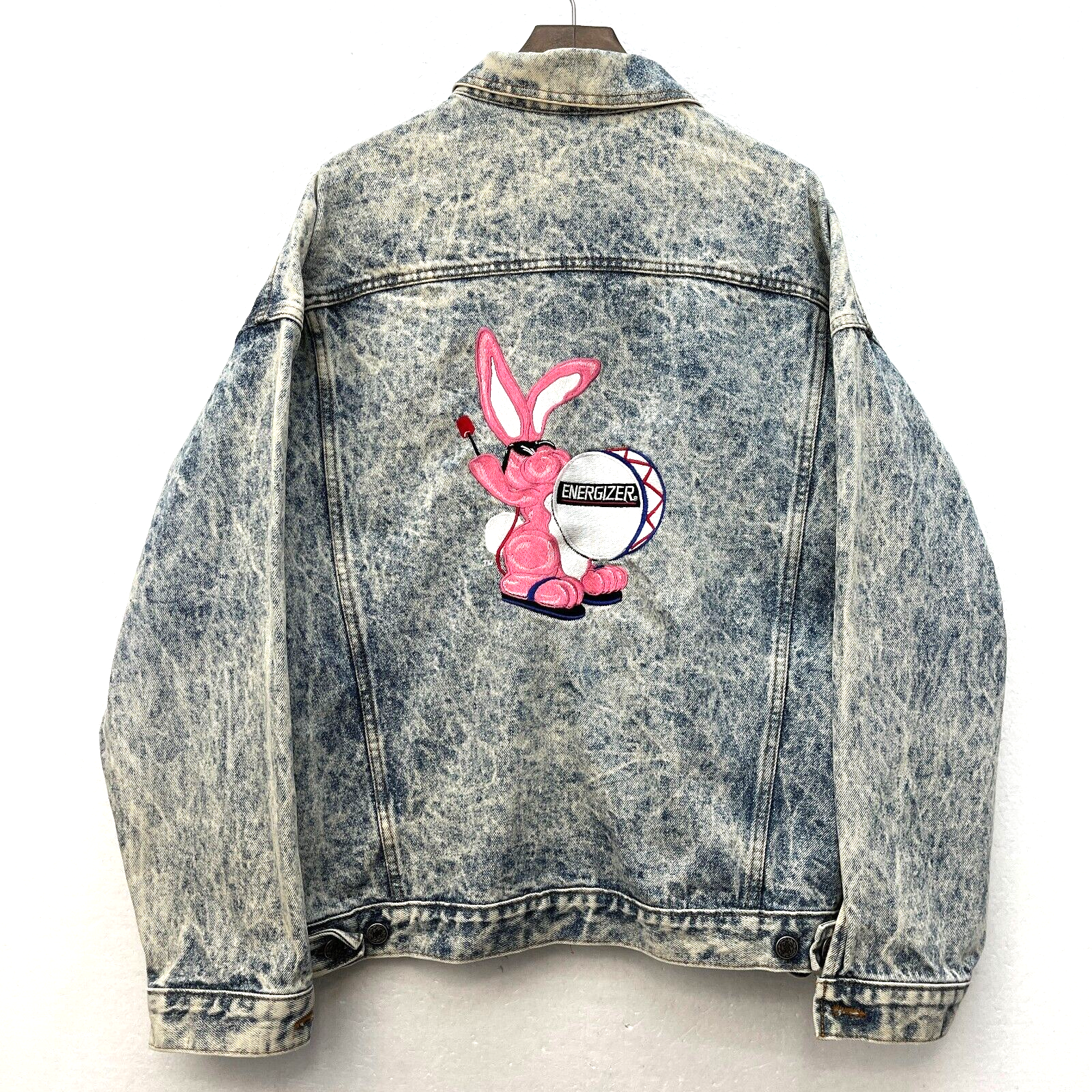 Energizer Bunny Vintage Denim Jacket Size L Light Acid Wash Blue Trucker 80s