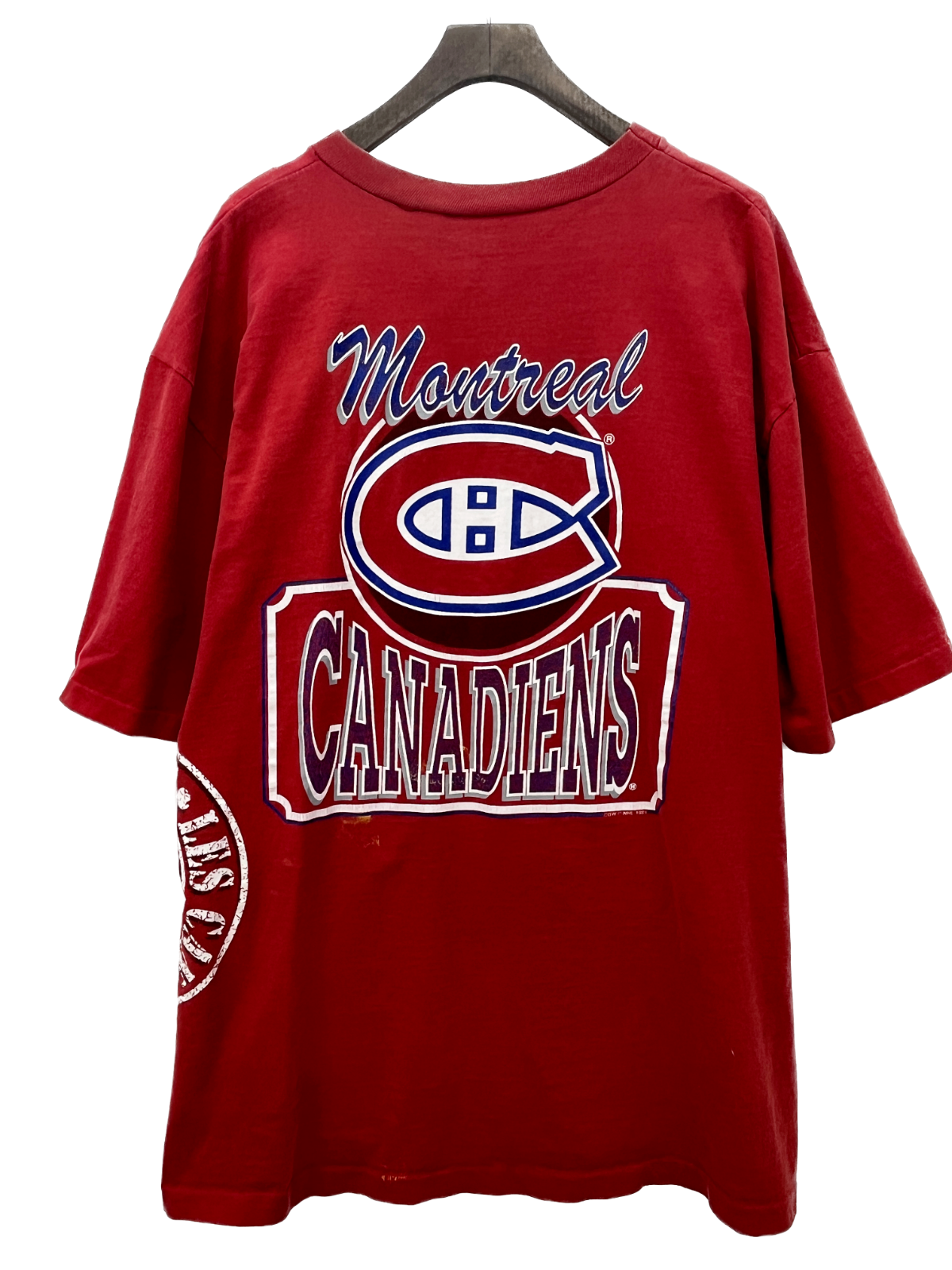 1991 Montreal Canadiens Wrap Around Print Vintage Hockey T-shirt Size XL Red NHL