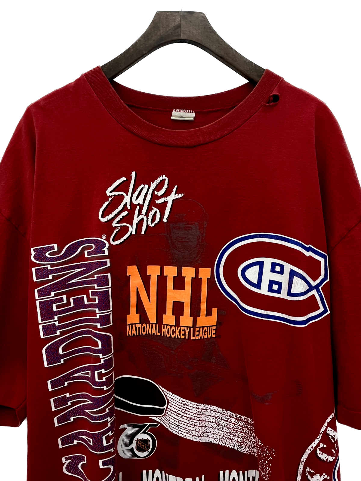1991 Montreal Canadiens Wrap Around Print Vintage Hockey T-shirt Size XL Red NHL