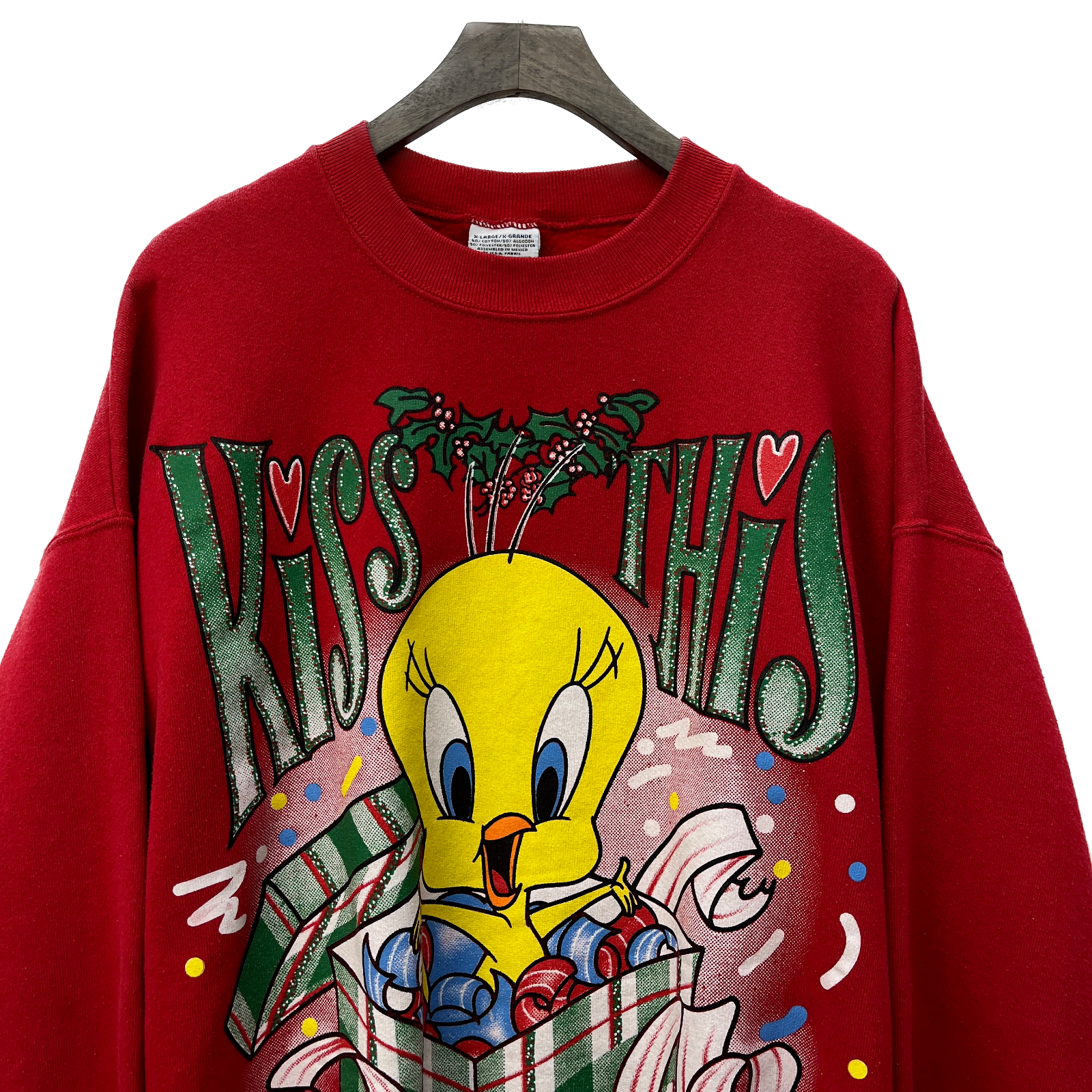 1997 Tweety Looney Tunes Cartoon Christmas Sweatshirt Size XL Red Kiss This 90s