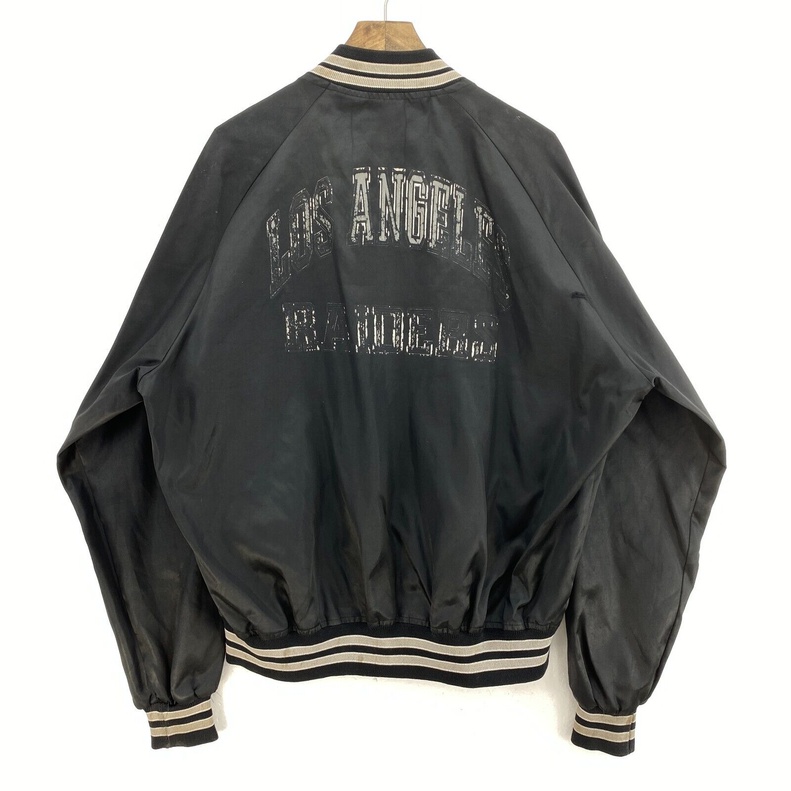Los Angeles Raiders Vintage Chalk Line Satin Bomber Snap Jacket Size L Black NFL