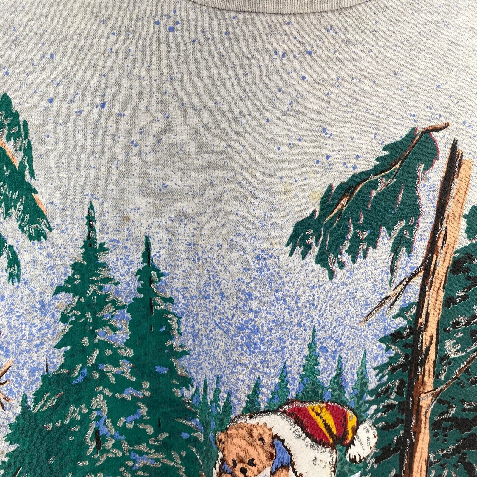 Snowman Teddy Bear Christmas Gray Vintage Sweatshirt Size XL