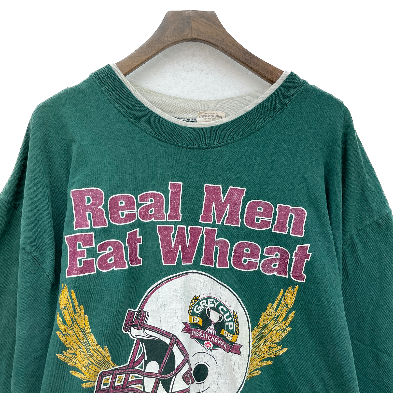 Grey Cup Regina Saskatchewan CFL 1995 Real Men Eat Wheat Green T-shirt Size XL