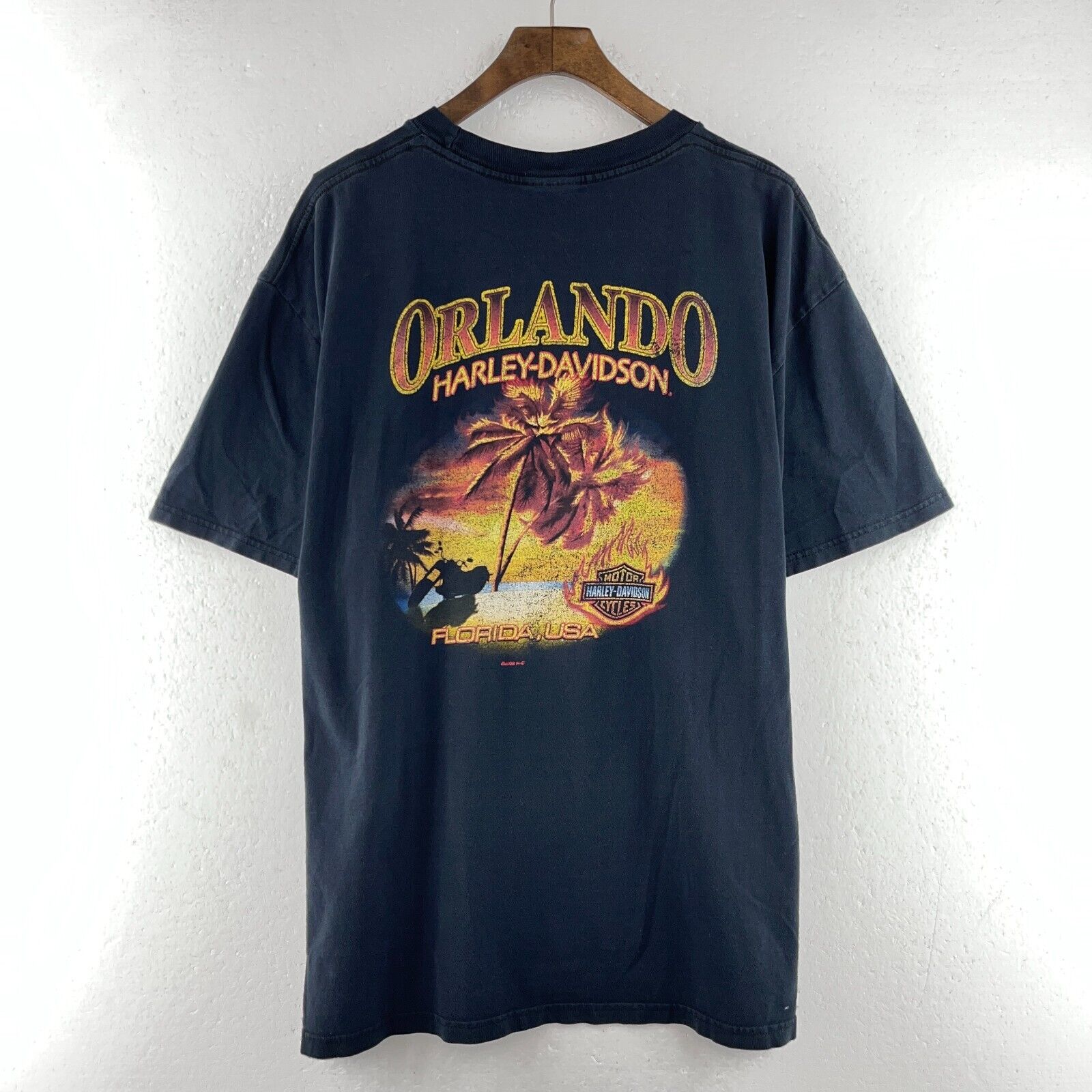 Harley Davidson Orlando Motorcycle Print Biker Spell Out Black T-Shirt Size L