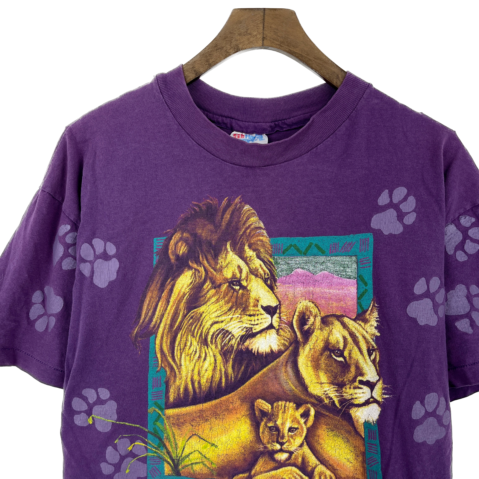 Vintage All Over Print Lion Animal Africa Art T-Shirt Size Large 90s Made In USA