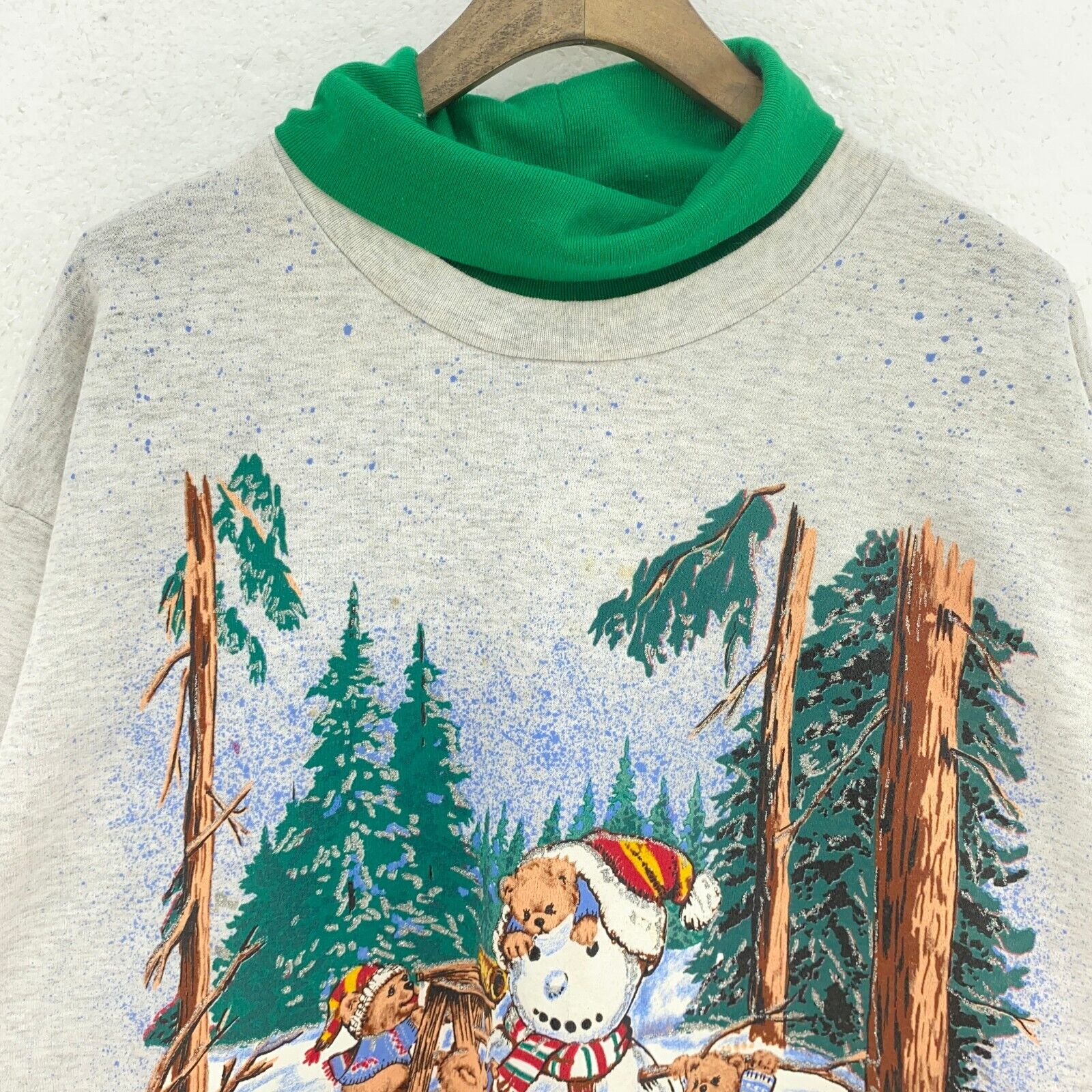Snowman Teddy Bear Christmas Gray Vintage Sweatshirt Size XL