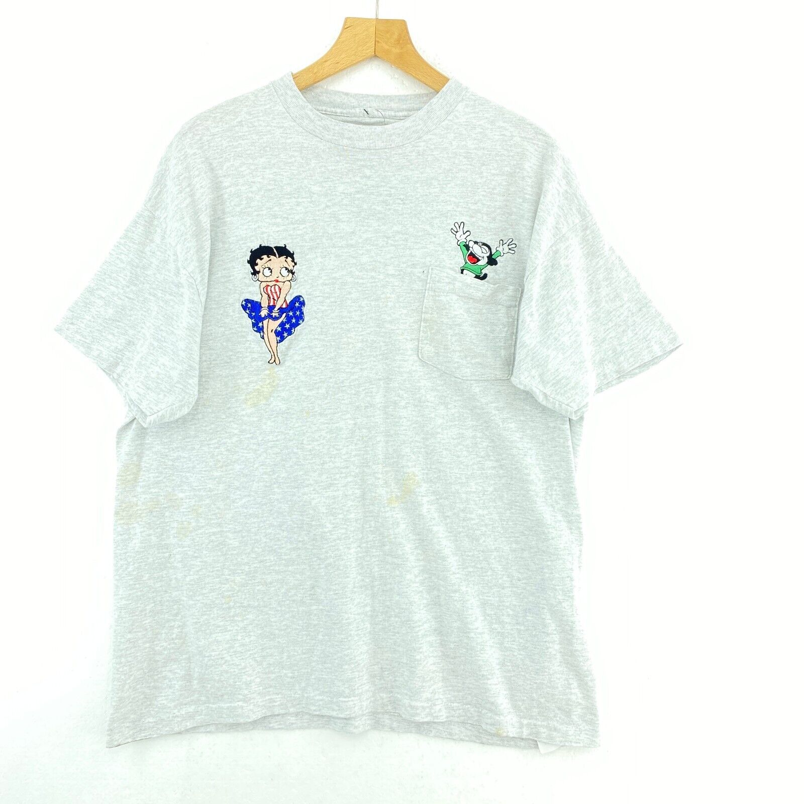 Betty Boop American Flag Gray Vintage T-Shirt Size L Pocket Single Stitch 90s
