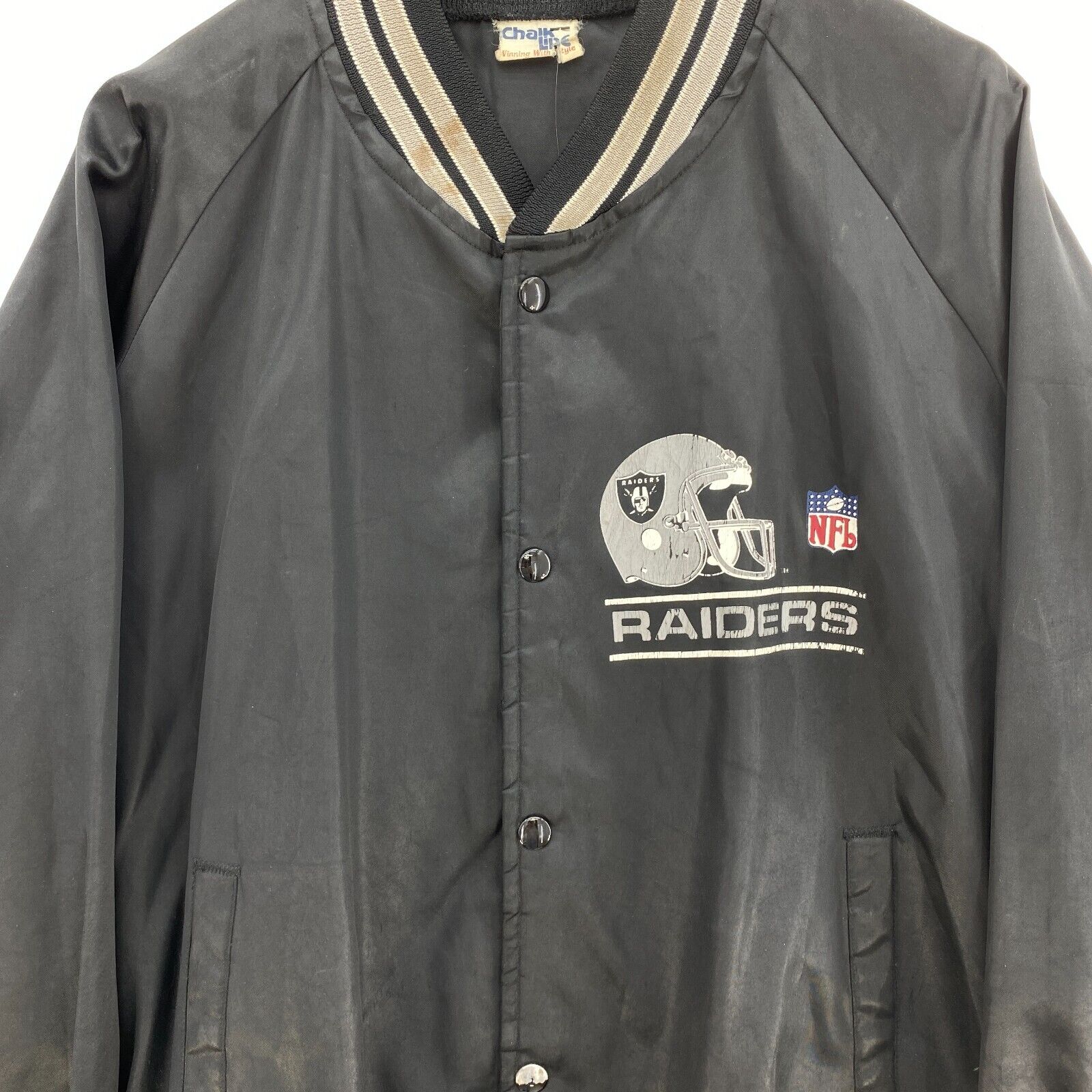 Los Angeles Raiders Vintage Chalk Line Satin Bomber Snap Jacket Size L Black NFL