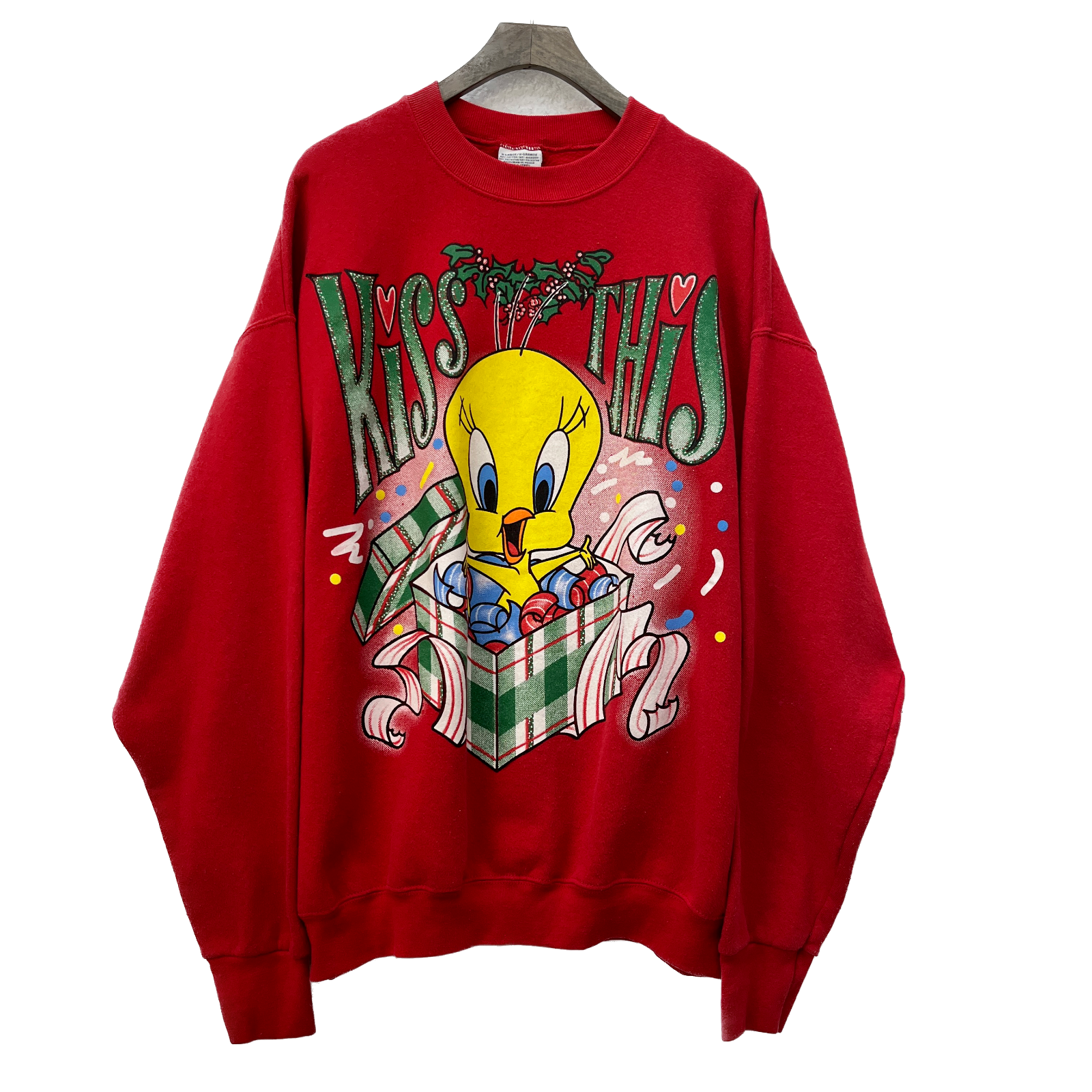 1997 Tweety Looney Tunes Cartoon Christmas Sweatshirt Size XL Red Kiss This 90s