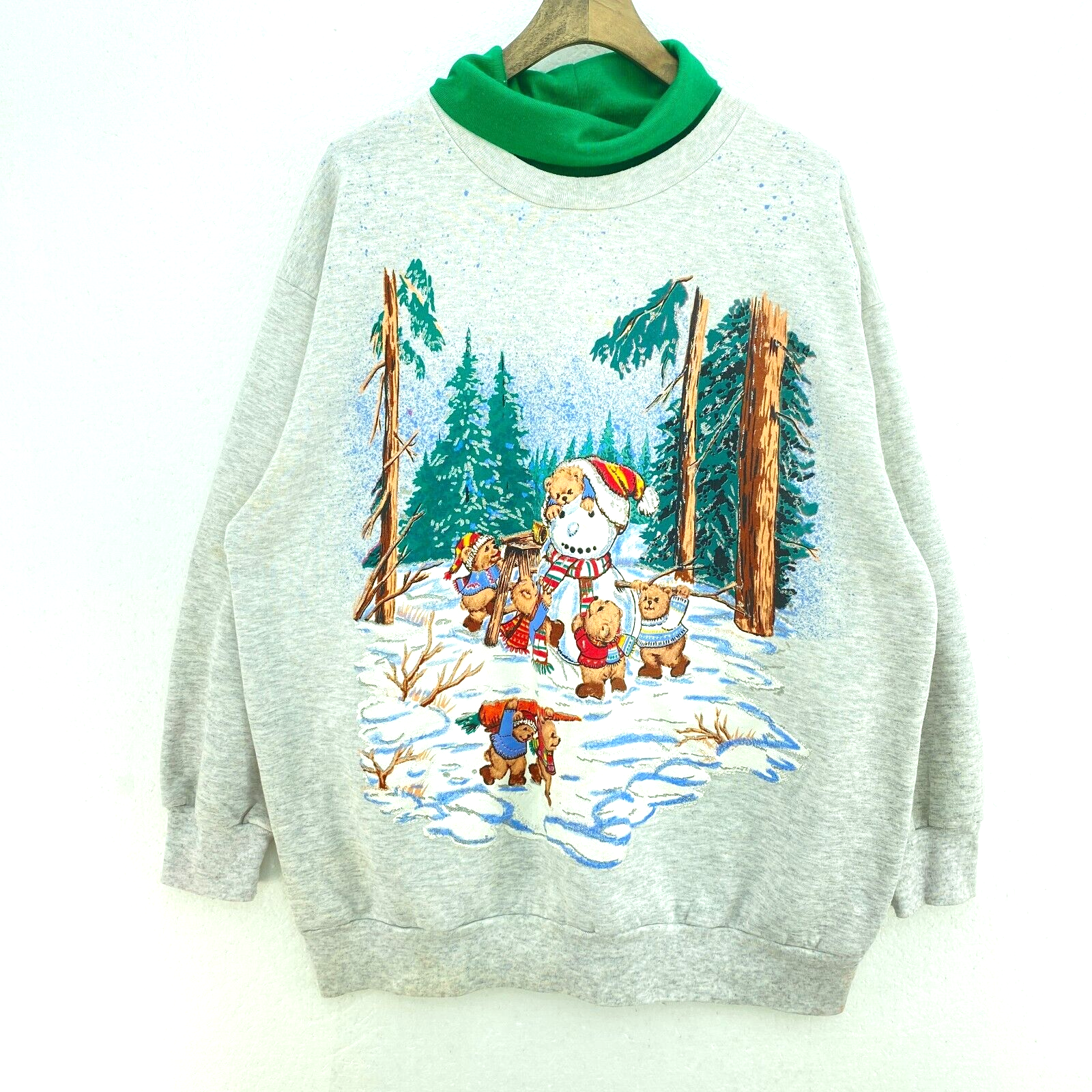 Snowman Teddy Bear Christmas Gray Vintage Sweatshirt Size XL