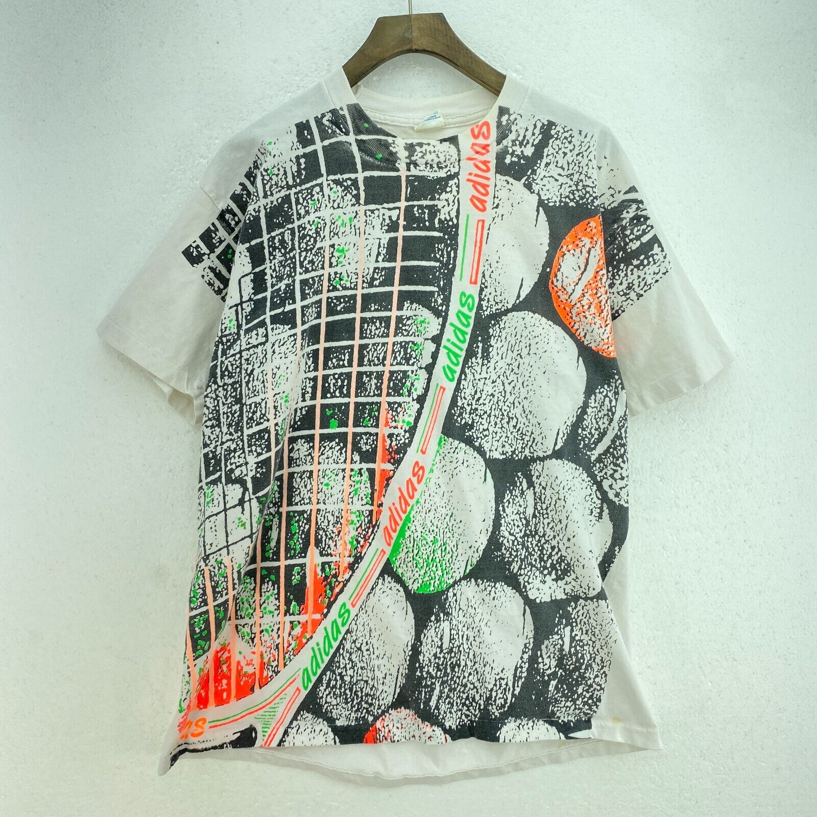 Adidas Tennis All Over Print White T-shirt Size M Single Stitch Tee