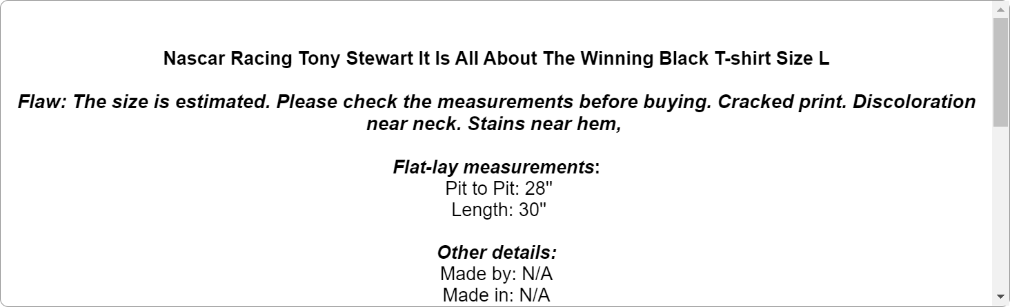 Nascar AOP Racing Tony Stewart It Is All About The Winning Black T-shirt Size L