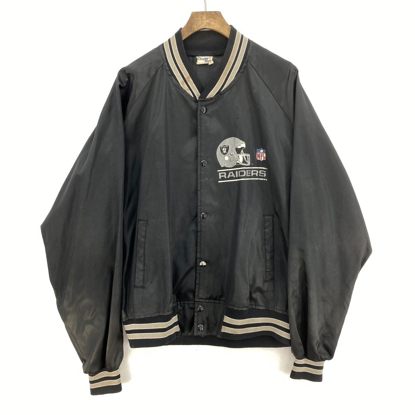 Los Angeles Raiders Vintage Chalk Line Satin Bomber Snap Jacket Size L Black NFL