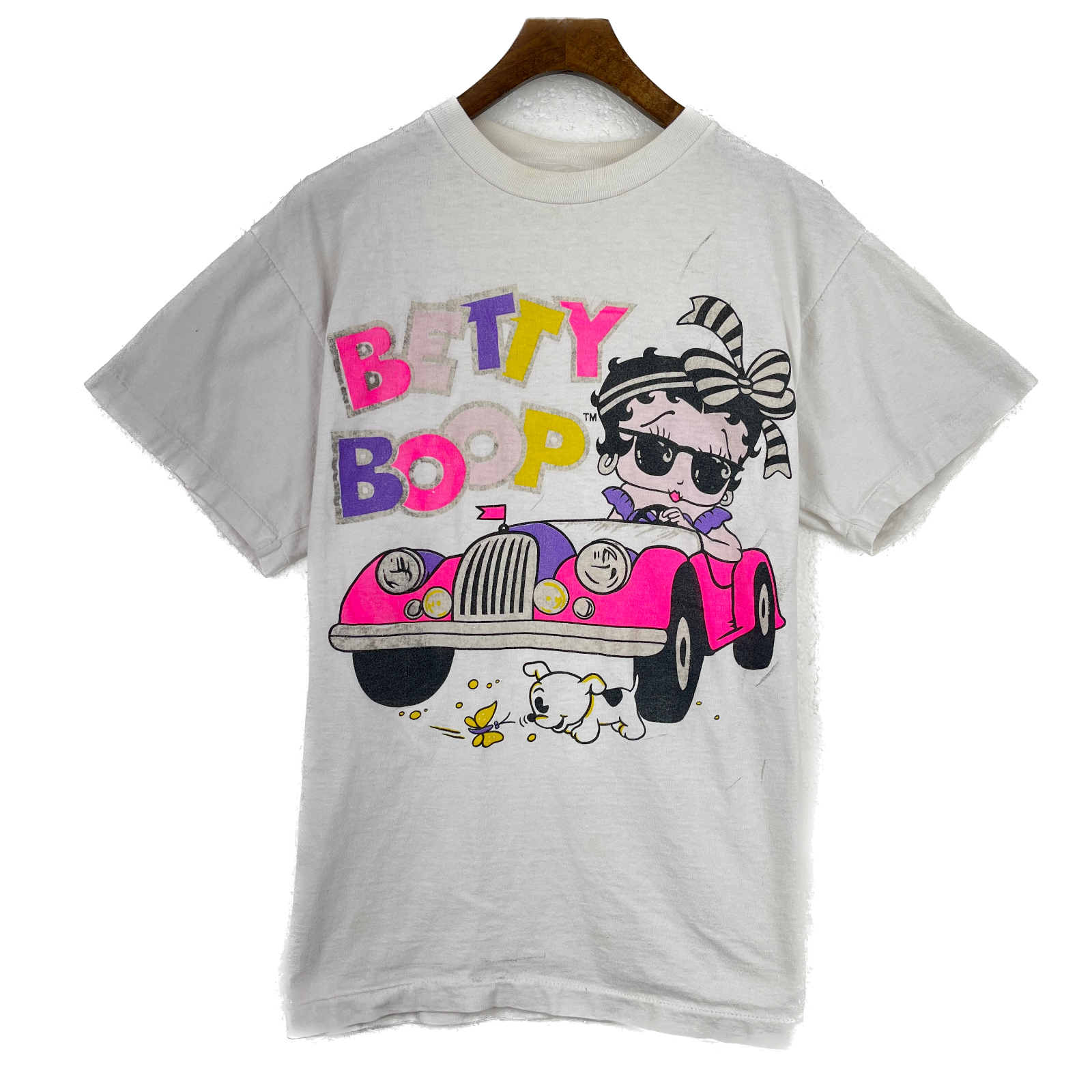 Vintage Betty Boop Car Dog White T-shirt Size L Women's Single Stitch