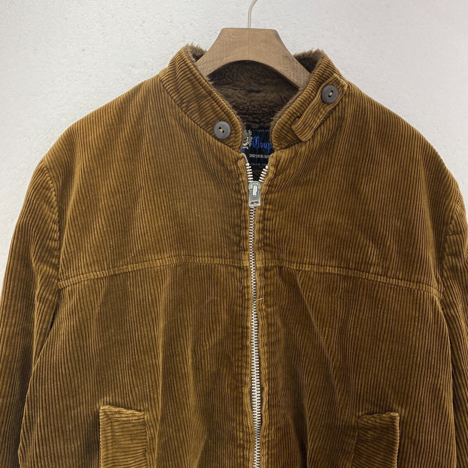 Brown Corduroy Full Zip Bomber Jacket Size M Fleece Lined 80s Scovill Zipper