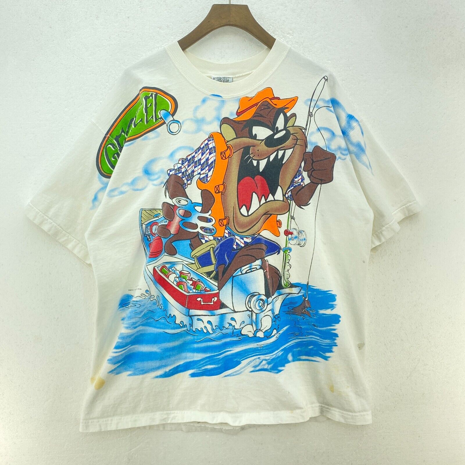 Looney Tunes Tasmanian Devil Fisher White Vintage T-shirt XL