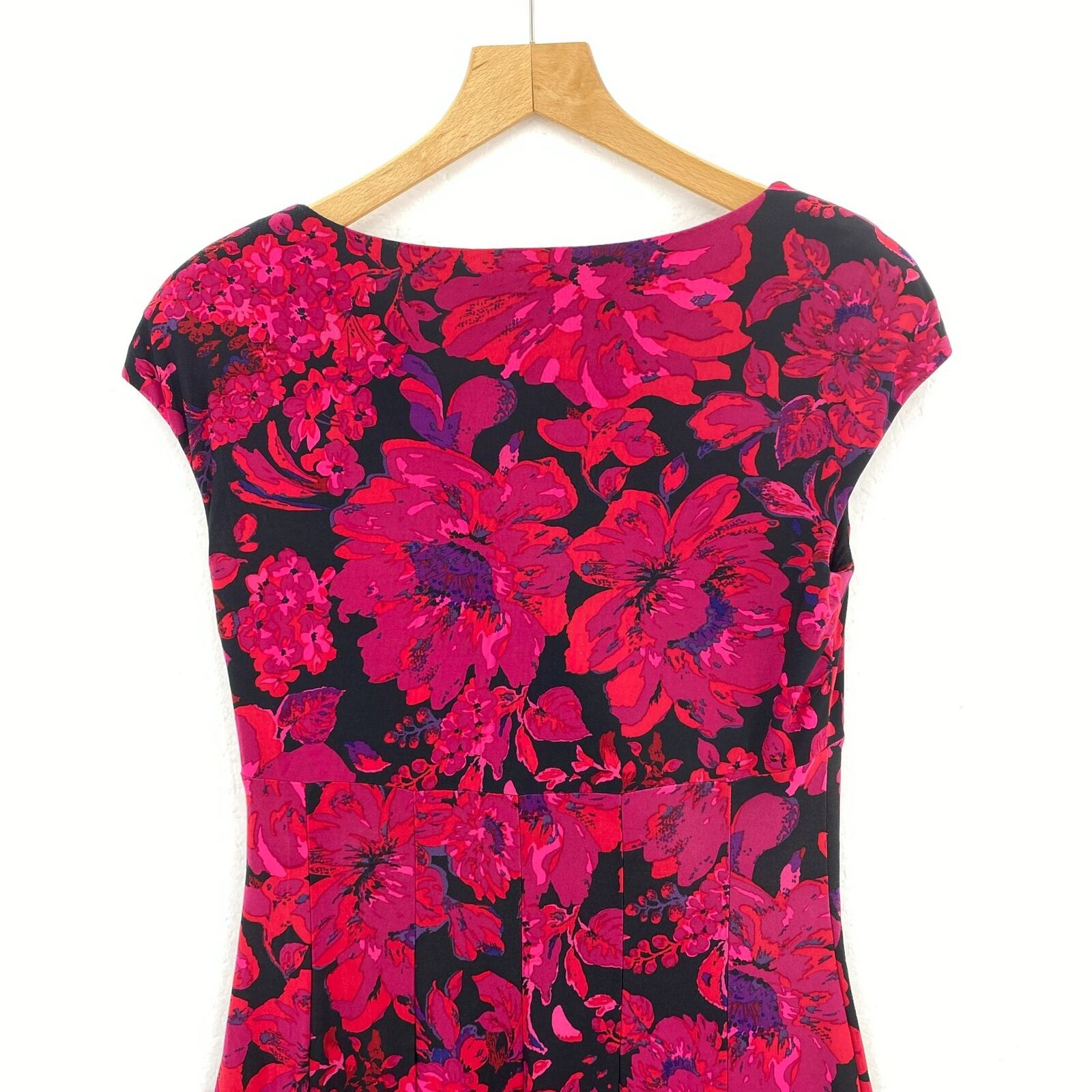 RALPH LAUREN Pink Floral Print A-line V-neck Dress Shoulder Pads Cap Sleeve