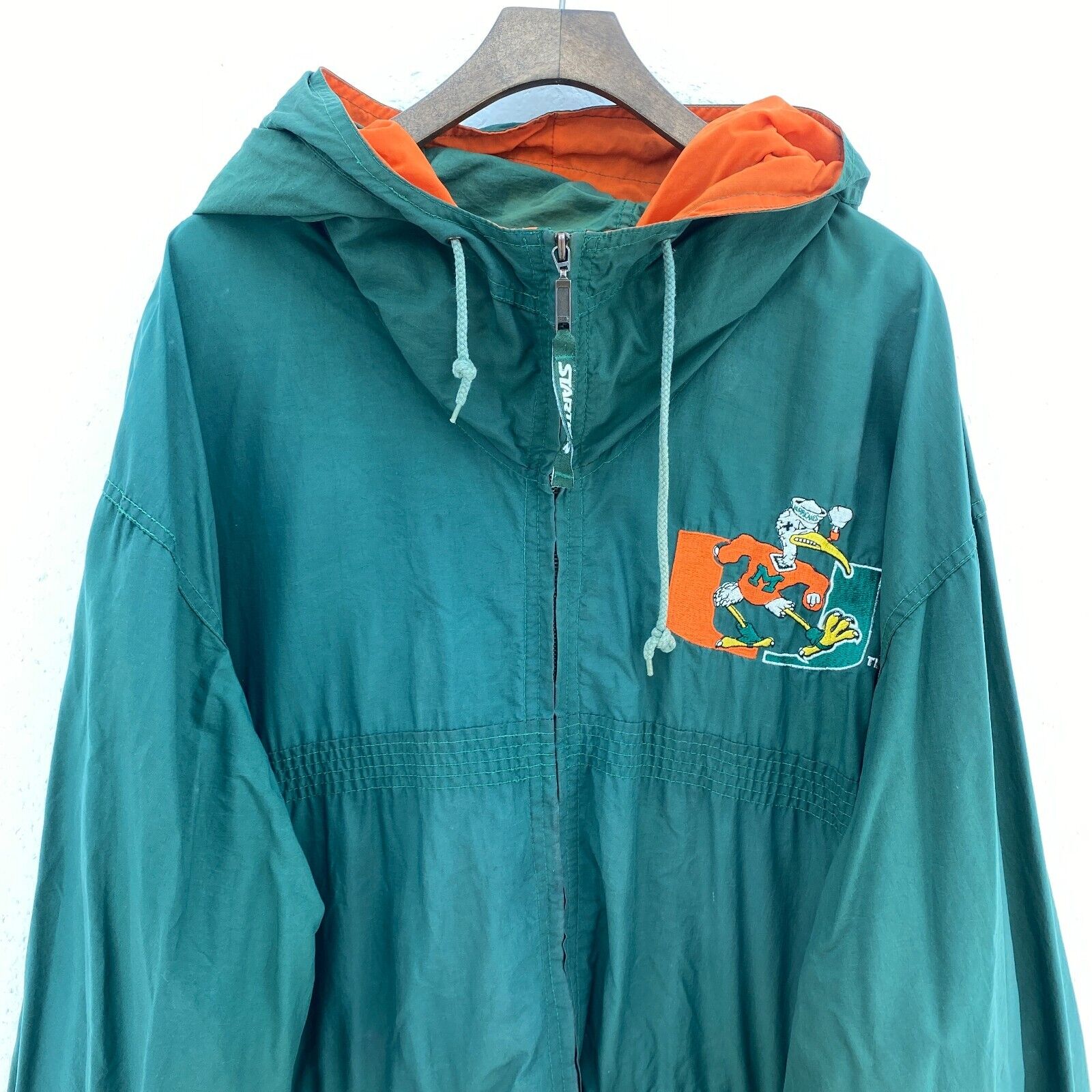 Starter Miami Hurricanes Logo NFL Green Hooded Light Jacket Size XL