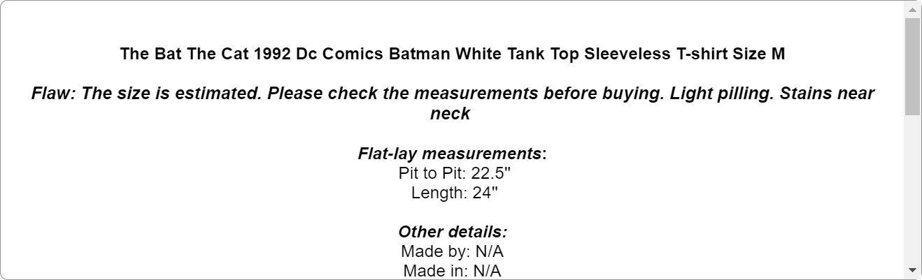 The Bat The Cat 1992 Dc Comics Batman White Tank Top Sleeveless T-shirt Size M