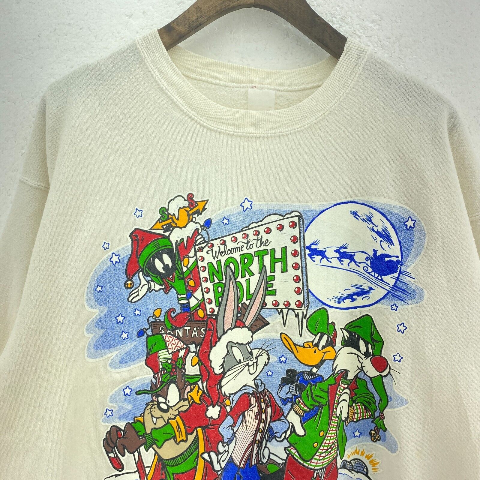 Warner Bros North Pole Taz Bugs Bunny 1994 White Sweatshirt Size L
