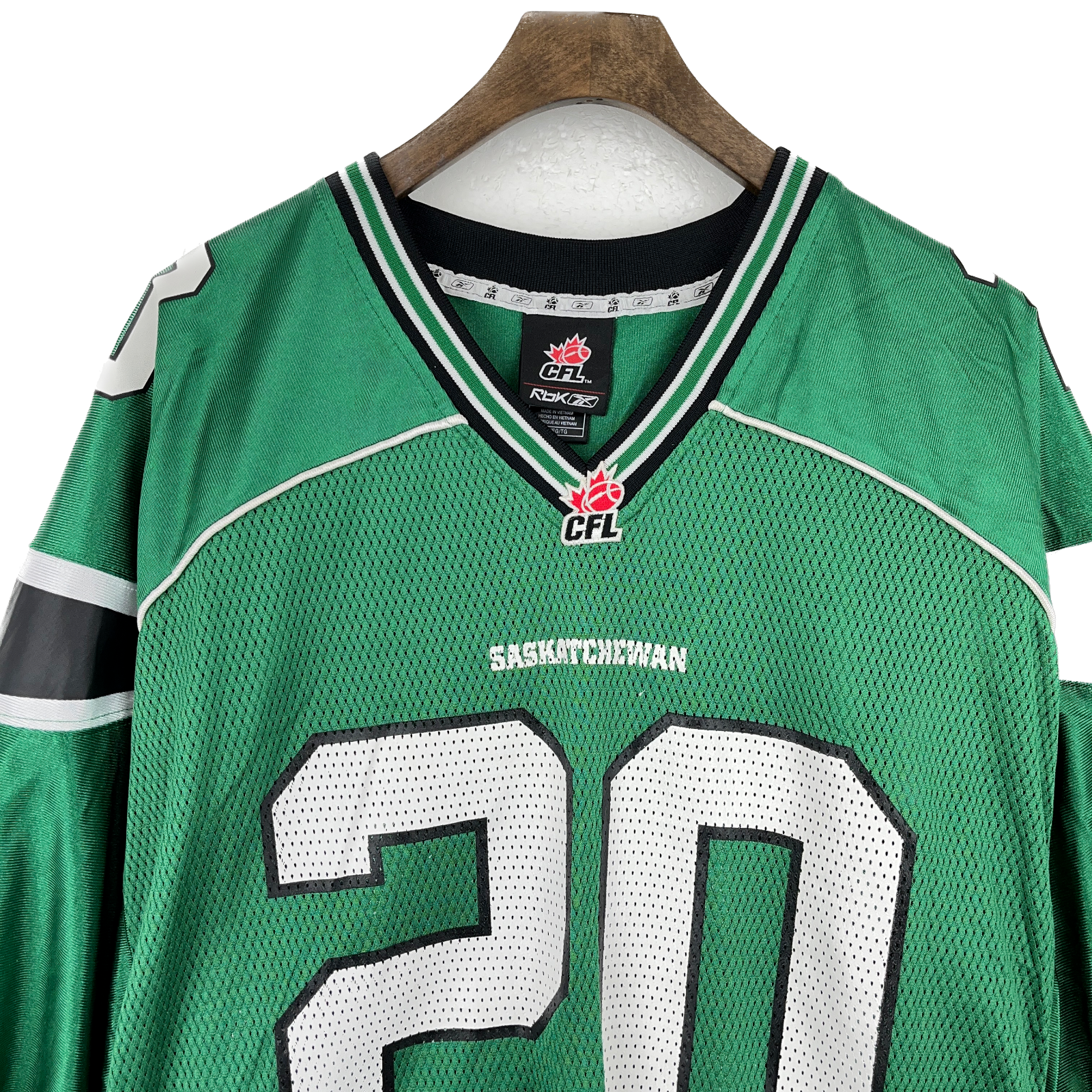 Vintage Saskatchewan Roughriders CFL Football Reebok Green V-Neck Jersey Size XL