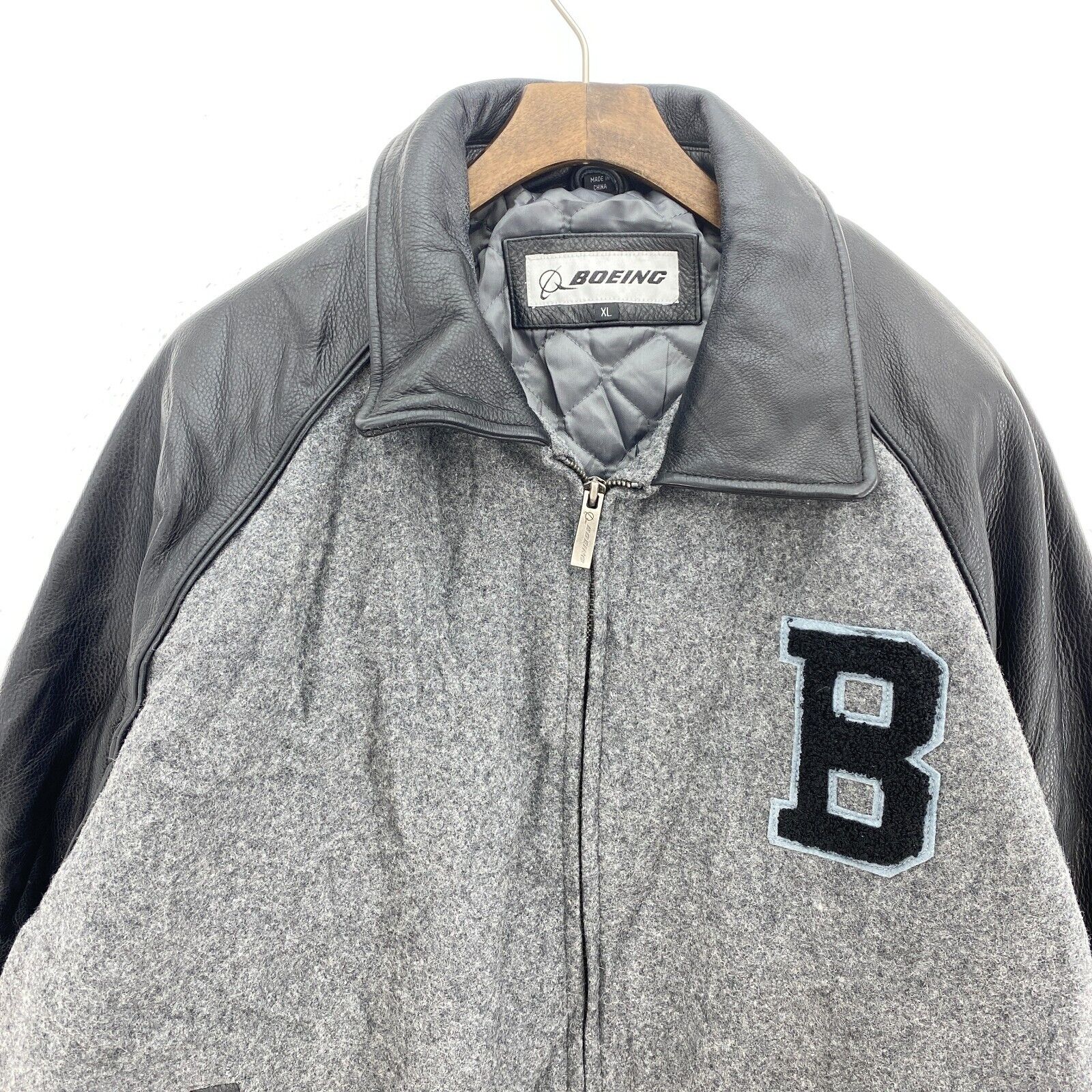Vintage Boeing Varsity Bomber Jacket Patched Gray Zip Up Size XL