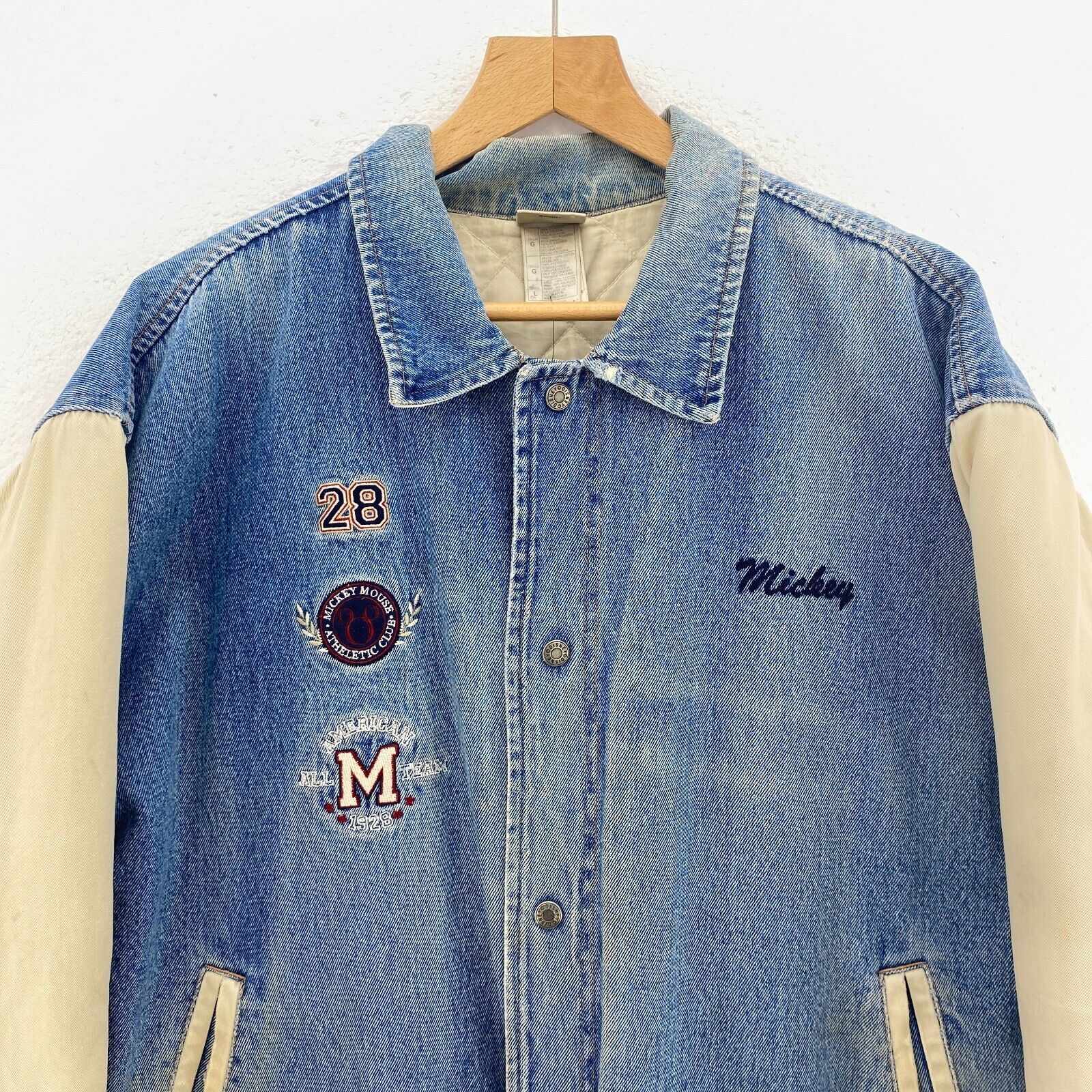 Walt Disney Mickey Mouse Medium Wash Insulated Denim Varsity Jacket Size L Blue