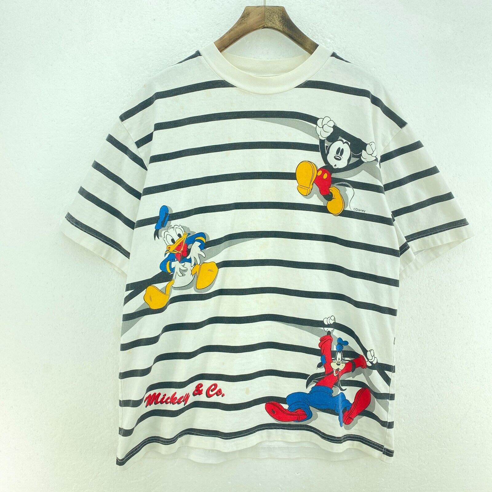 Disney Striped Mickey Mouse Donald Duck T-shirt Size M White Tee