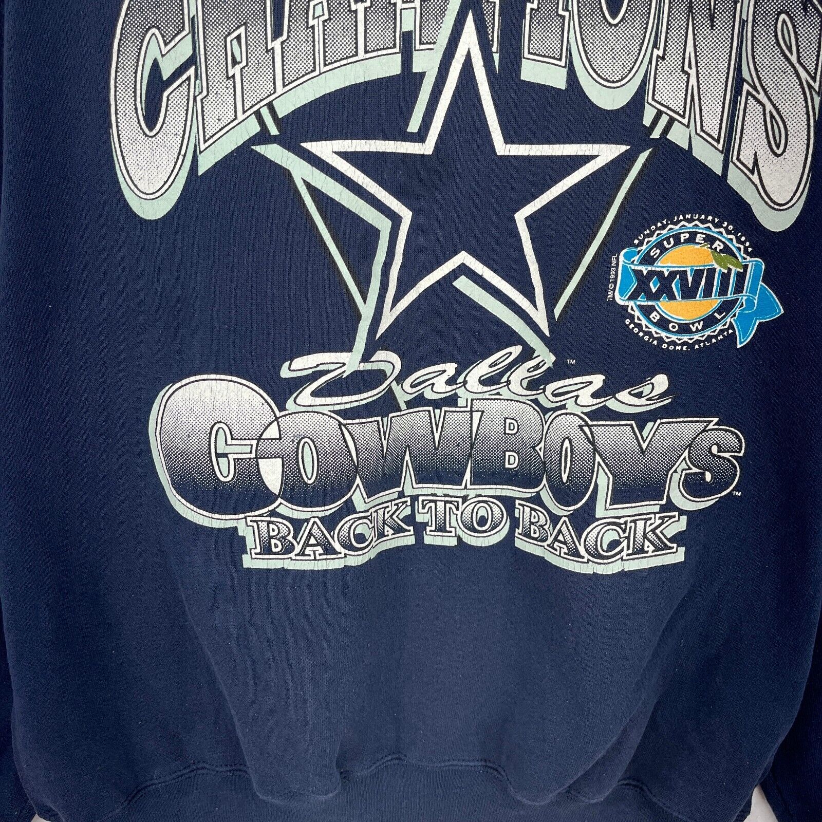 Super Bowl XXVIII Champions Dallas Cowboys NFL Navy Blue Sweatshirt Size L