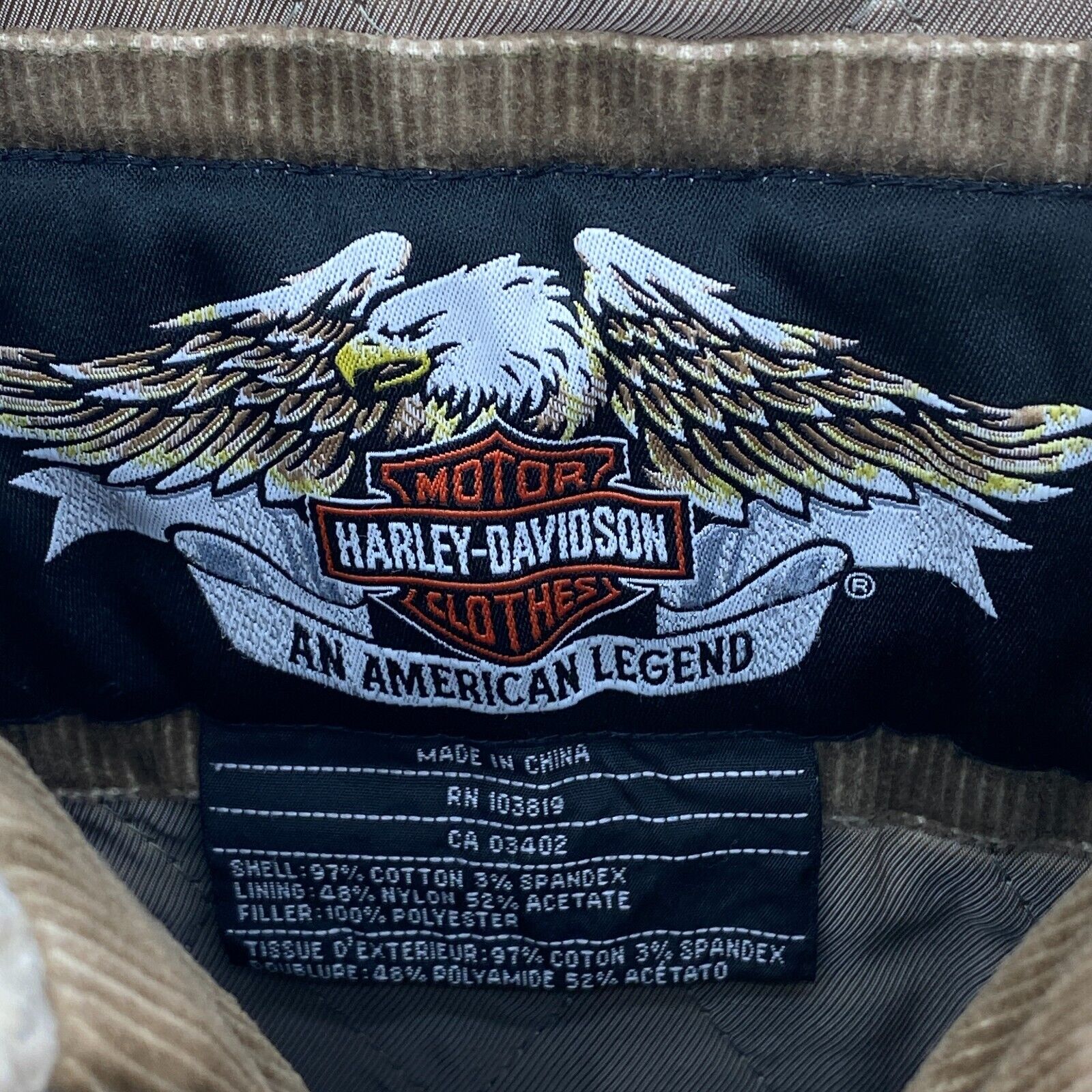 Harley Davidson Shear Lined Full Zip Corduroy Jacket Size M Brown