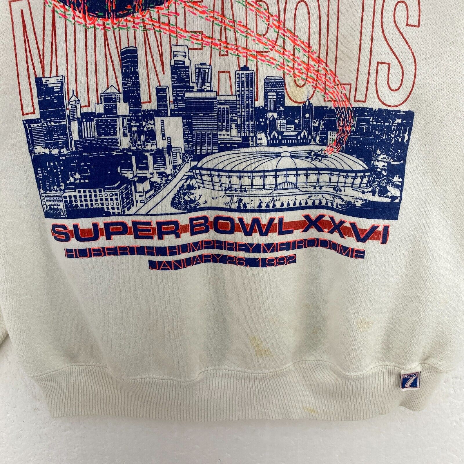 Vintage Logo 7 Minneapolis NFL Super Bowl 1991 XXVI White Sweatshirt Size M