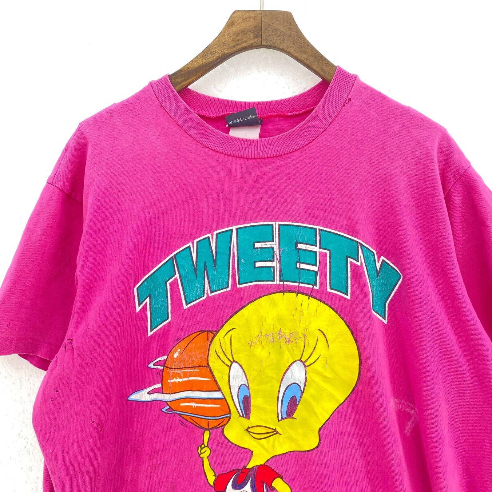 Vintage Warner Bros Tweety Bird Slyvester 1996 Graphic Print Pink T-shirt Size M