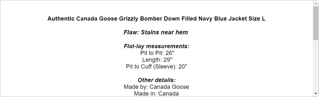 Authentic Canada Goose Grizzly Bomber Down Filled Navy Blue Jacket Size L