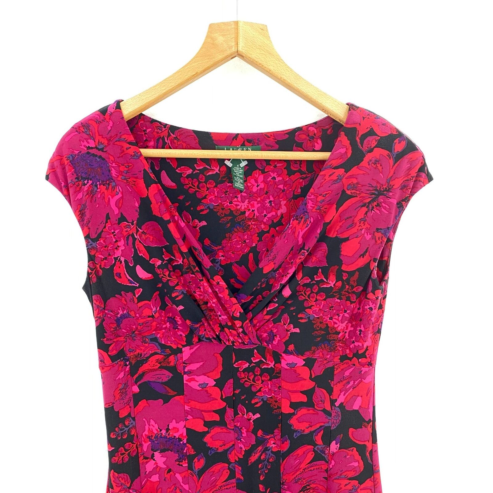 RALPH LAUREN Pink Floral Print A-line V-neck Dress Shoulder Pads Cap Sleeve