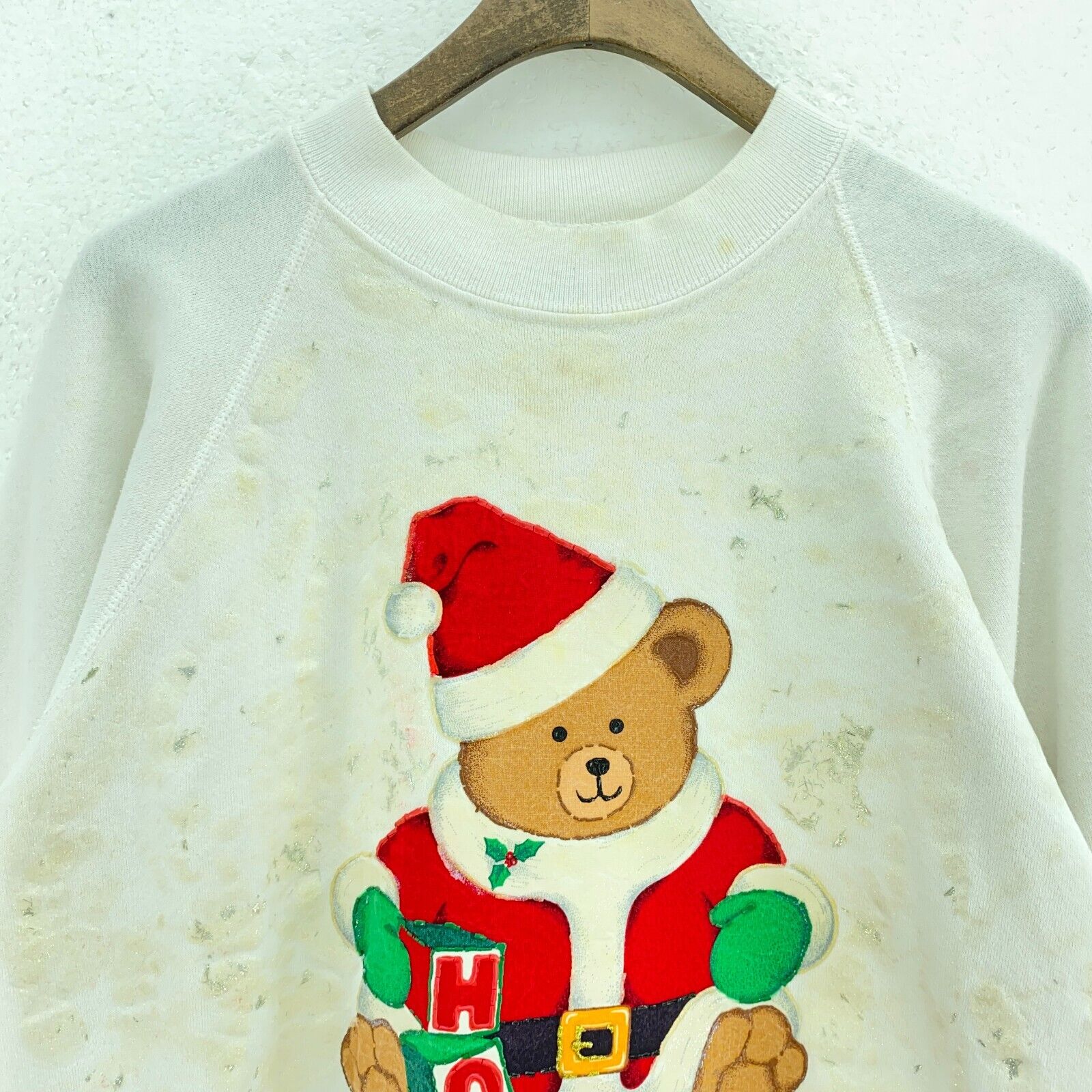 Bear Santa Ho Ho Ho Christmas White Sweatshirt Size L Crewneck