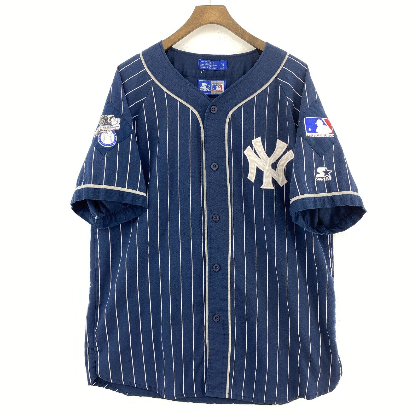 Starter New York Yankees Striped Button Up Navy Blue T-shirt Size L