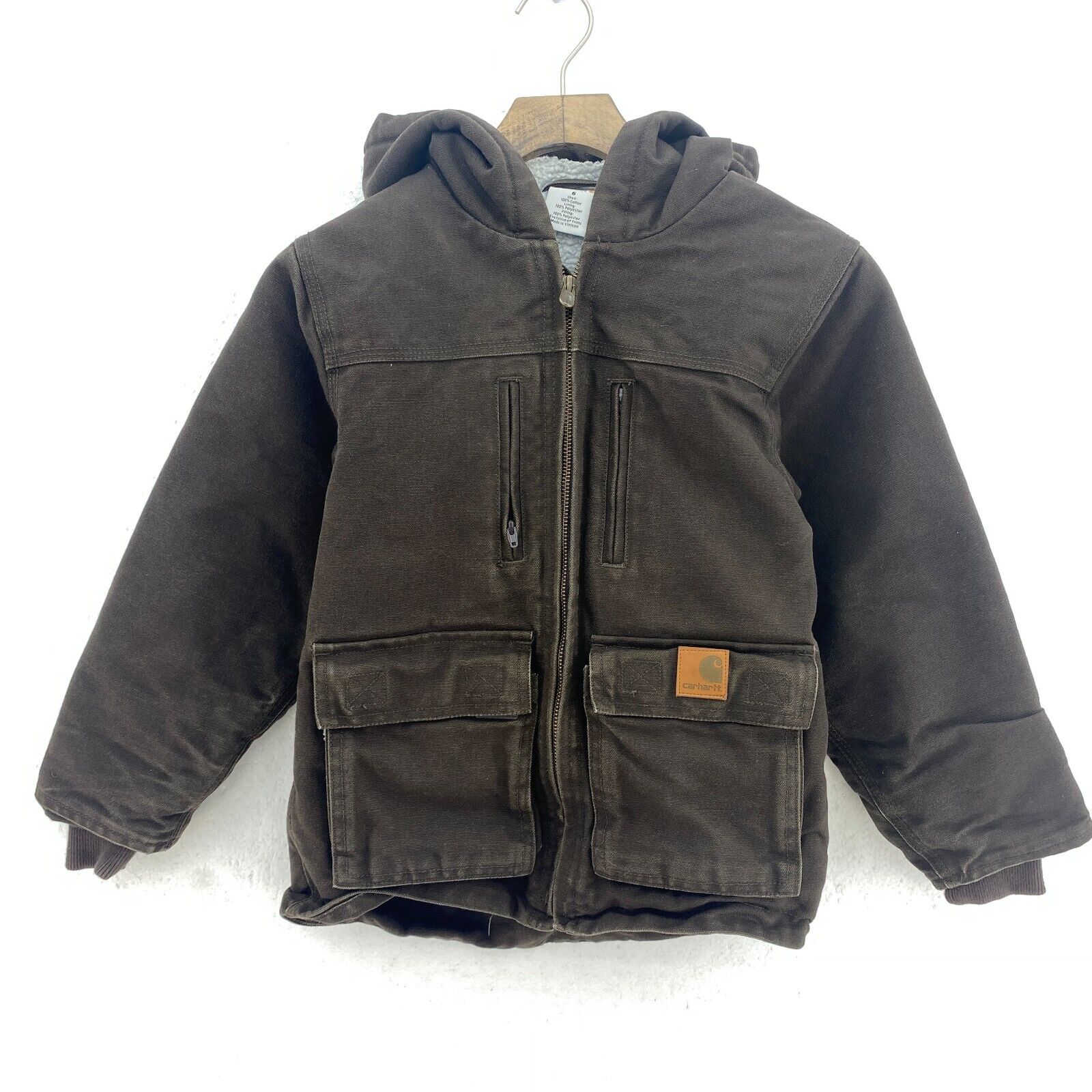 Vintage Carhartt Full Zip Hooded Canvas Jacket Size 6 Kids Brown