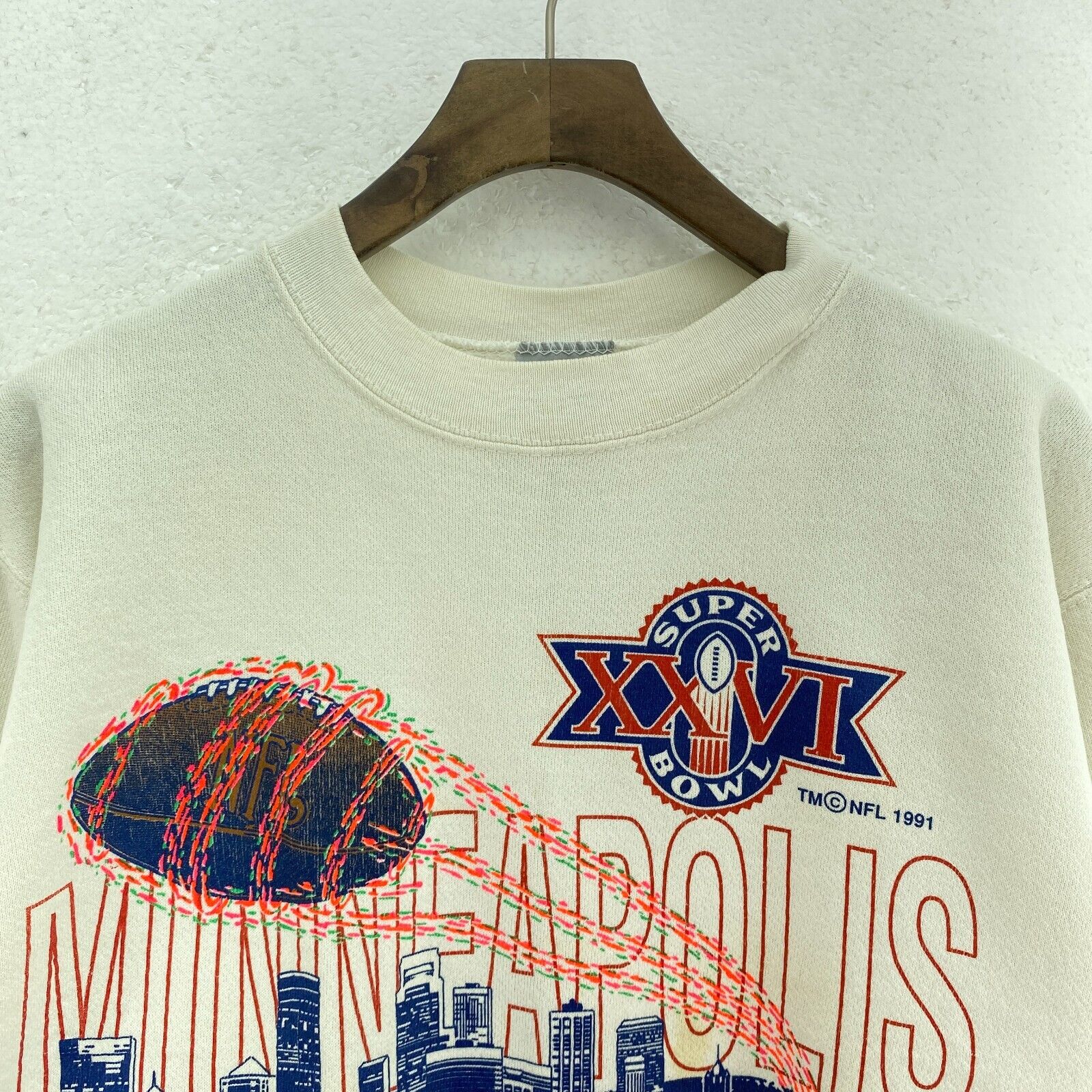Vintage Logo 7 Minneapolis NFL Super Bowl 1991 XXVI White Sweatshirt Size M