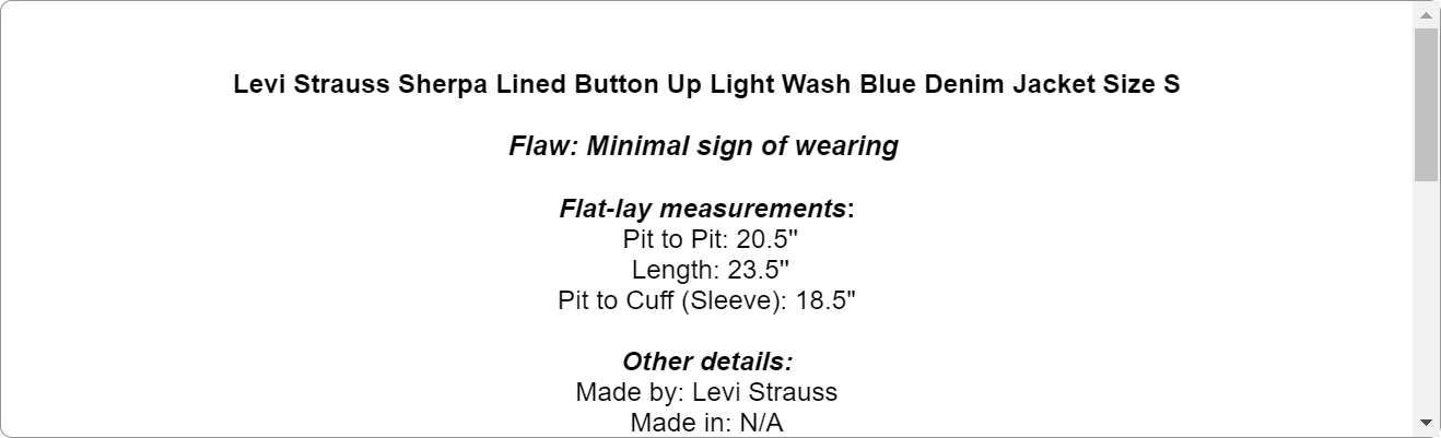 Levi Strauss Sherpa Lined Button Up Light Wash Blue Denim Jacket Size S