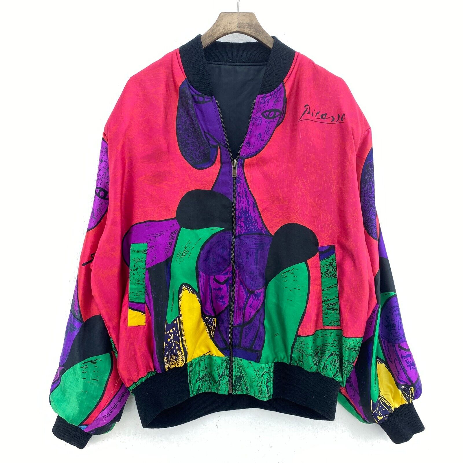 Picasso All Over Print Reversible Satin Full Zip Black Bomber Jacket Size XL